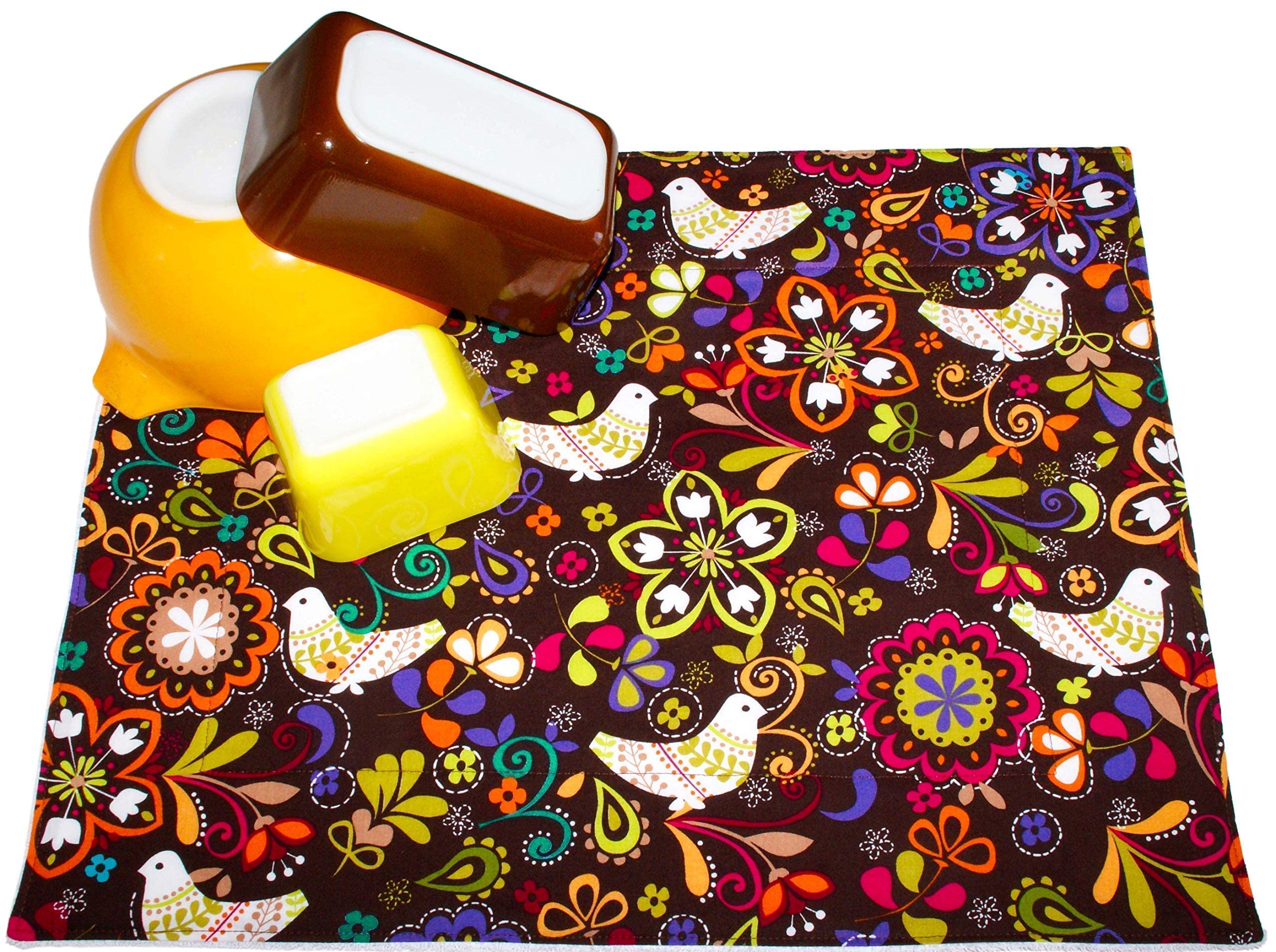Scandinavian Birds Coffee Station Mat - Dish Drying Mat - Pet Placemat - Appliance Mat - Table Mat - Colorful Brown Floral - 16 x 20 Inches - Handmade by Green Acorn Kitchen