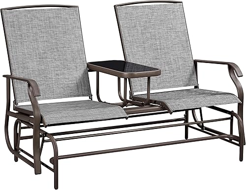 Yaheetech Planeador de 2 asientos para exteriores con mesa central, sofá biplaza mecedora para patio con marco de metal resistente de malla