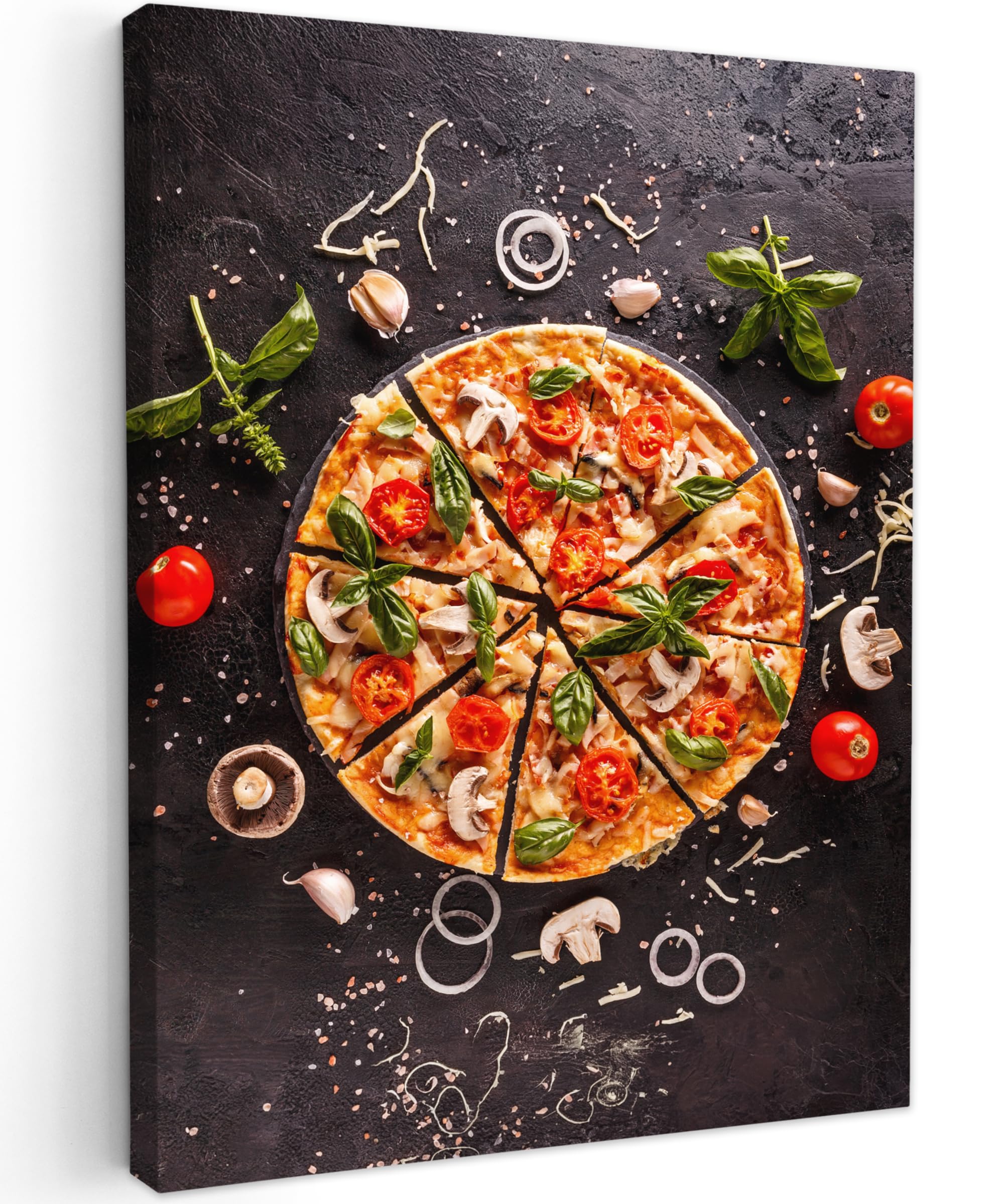 MuchoWow© Leinwandbild 60x80 cm Dekoration Wohnzimmer Bilder Pictures Wall Decoration Living Room Wohnungs Deko Moderne Bild Bild Küche - Pizza - Gemüse - Kräuter - Lebensmittel - Essen