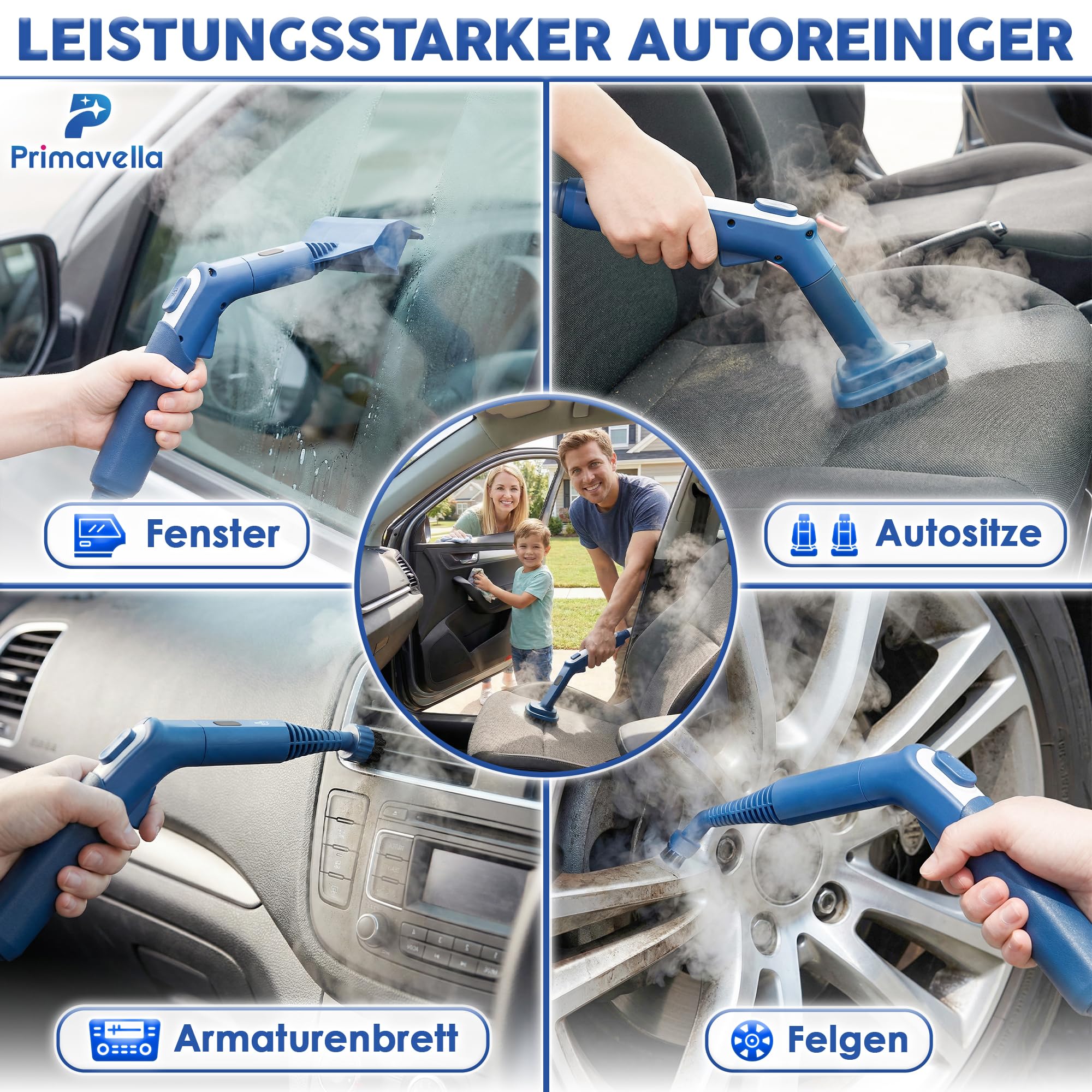 Primavella - Dampfreiniger - 1800 Watt, 3,5 Bar Druck, 1,5 Liter Tank - 16 Zubehörteile zur Reinigung von Badezimmer, Fliesen, Böden, Fugen, Polstermöbeln, Sofa, Auto