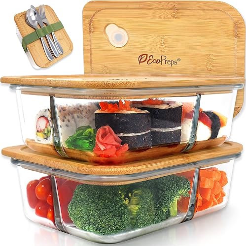 EcoPreps Contenedores grandes de vidrio Bento con tapas de bambú, 3 compartimentos de vidrio para preparación de comidas (paquete de 2, XL 100%