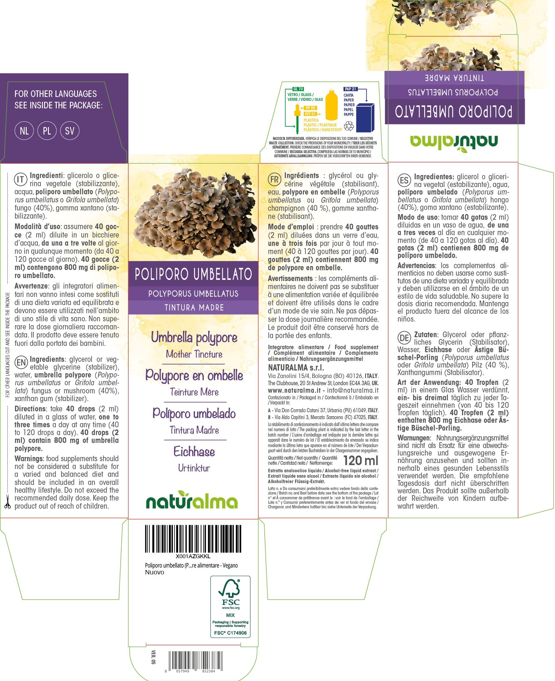 Poliporo umbellato (Polyporus umbellatus o Grifola umbellata) fungo Tintura Madre analcoolica Naturalma - Estratto liquido gocce 120 ml - Integratore alimentare - Vegano