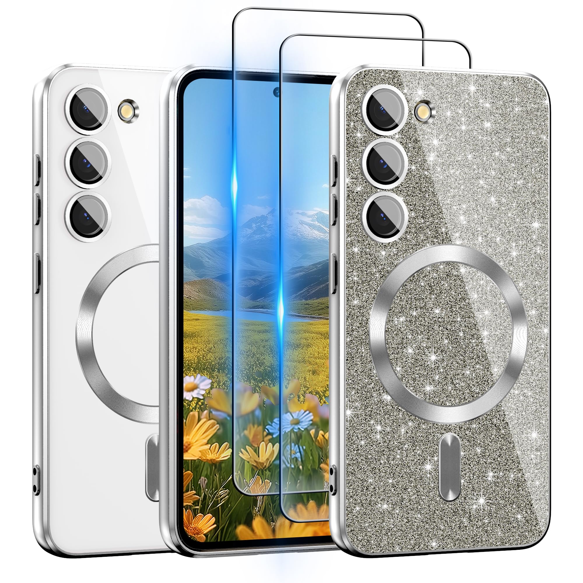 Clear Schutzhülle für Samsung Galaxy S23 Plus Hülle:Kompatibel mit MagSafe mit Passfarbiger Glitzerkarte & 2 STK Schutzfolien,360°Kamera-Schutz,Anti-Gelblichemachung TPU für S23 Plus Hülle,Silber