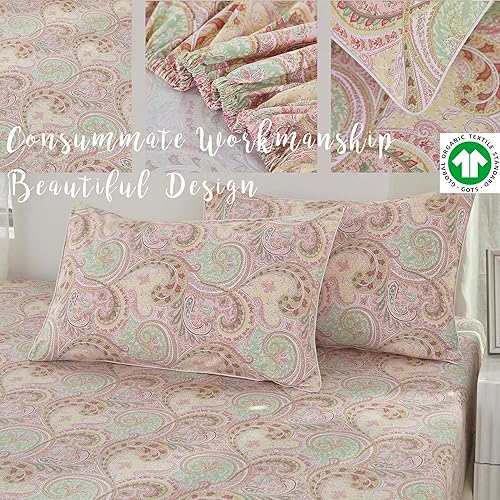 Miniatura 6 de Brandream Juego de sábanas de tamaño King, estilo bohemio, estampado paisley, color rosa, acuarela, estilo granja, colección de ropa de cama de