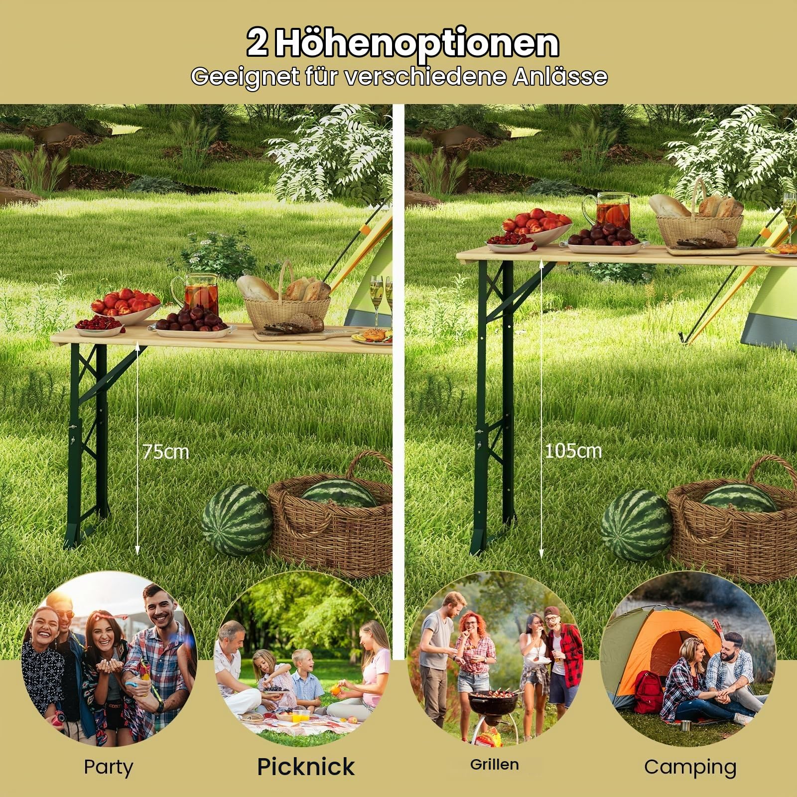 GIANTEX Bierzelttisch klappbar, Biertisch höhenverstellbar 75 cm / 105 cm, Outdoor Buffettisch mit Schirmloch, 168,5 cm Stehtisch Bartisch Bierzeltgarnitur, Partytisch Klapptisch für Terrasse Garten