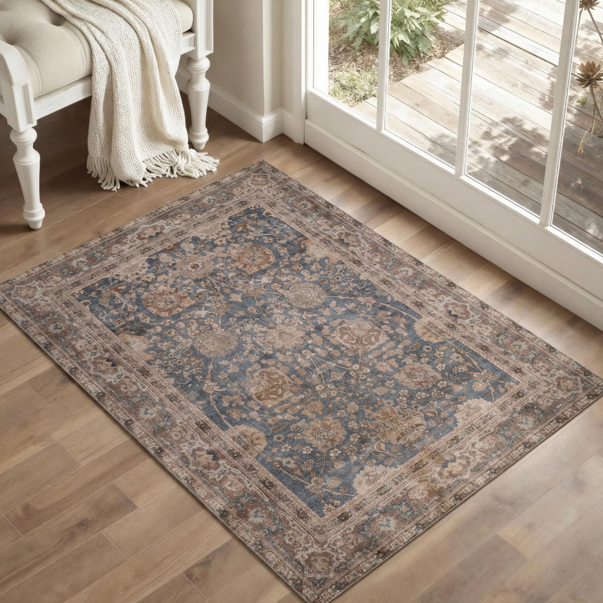 Kuden 3x5 Small Rug, Machine Washable, Non-Slip Backing, Vintage Style, Soft, Low Pile, Area Rugs for Entryway Kitchen Indoor Entrance