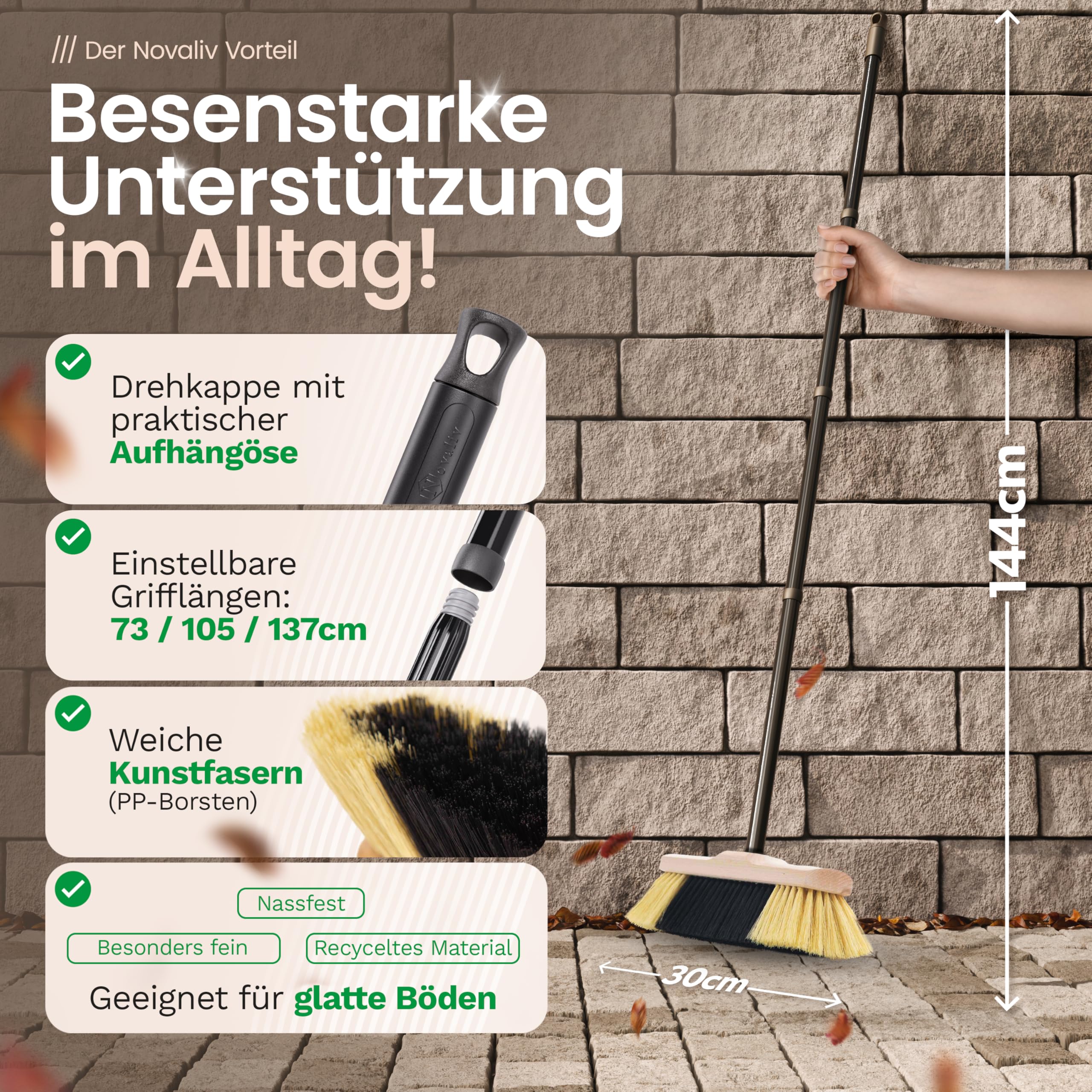 Novaliv Set di 2 scope da interni con manico stabile, setole sintetiche, setole morbide e dense, scopa in legno, 4 cucchiai, setole artificiali, scopa per laminato e parquet
