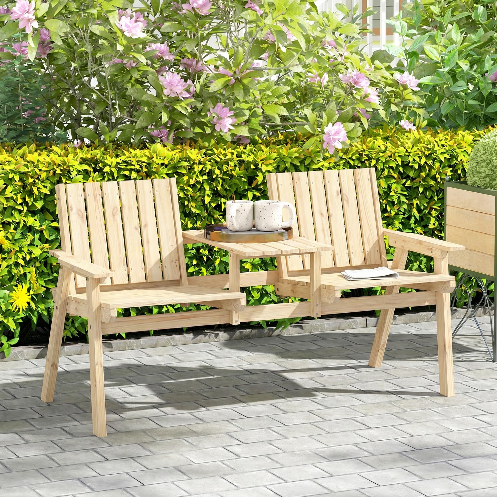 Outsunny Wooden Garden Loveseat, 2-Seater Garden Chair with Table & Parasol Hole, Outdoor Bench for Porch Patio, Natural Wood Finish - Image 9