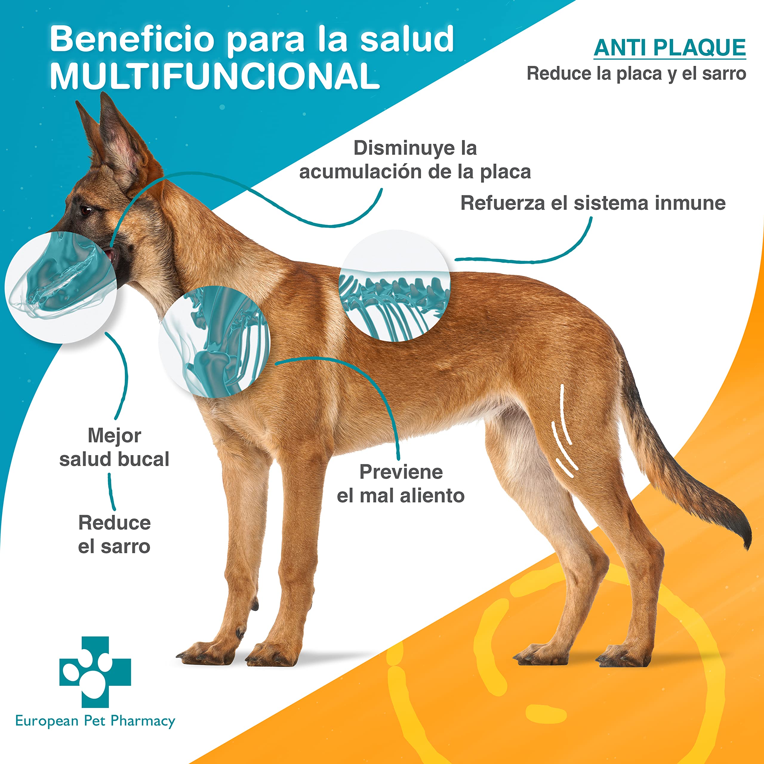 European Pet Pharmacy ANTI PLAQUE 335g – Limpiador Antisarro Perro para Eliminar Sarro Perros y Gatos – Higiene Bucal para Perros, Ayuda a Combatir Mal Aliento de Perros y Gatos – Puro y Natural
