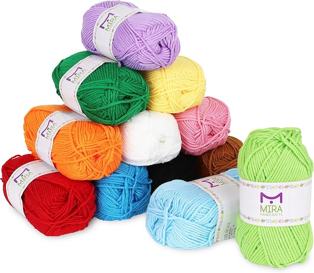 Mira Handcrafts 50g Large Yarn Bonbons  Total of 1200m Knitting and Crochet Yarn  Starter Kit Including 12 Multicolour Yarns and 7 Ebooks with Yarn Wool Patterns