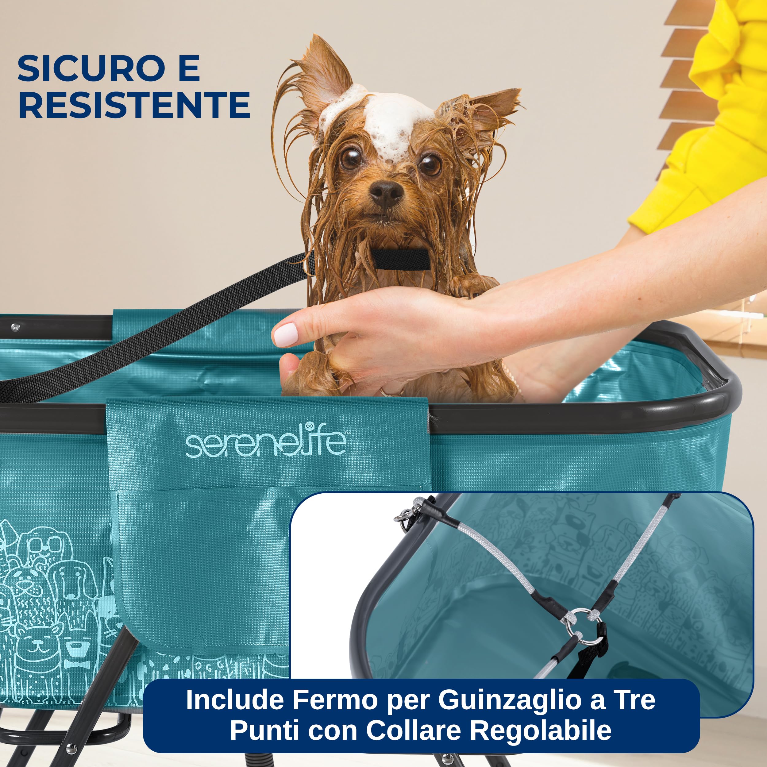 SereneLife Vasca da Bagno Pieghevole per Cani da Interno ed Esterno, Altezza Regolabile 86 cm, Tubo di Scarico e Tasche Portaoggetti, Accessori per Cani, Adatta Anche ad Altri Animali
