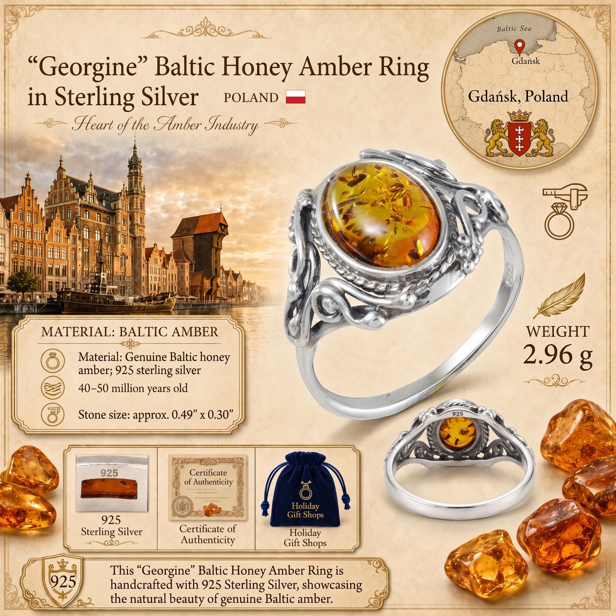 Anillo de plata esterlina y ámbar de miel báltica "Georgine" - talla 6