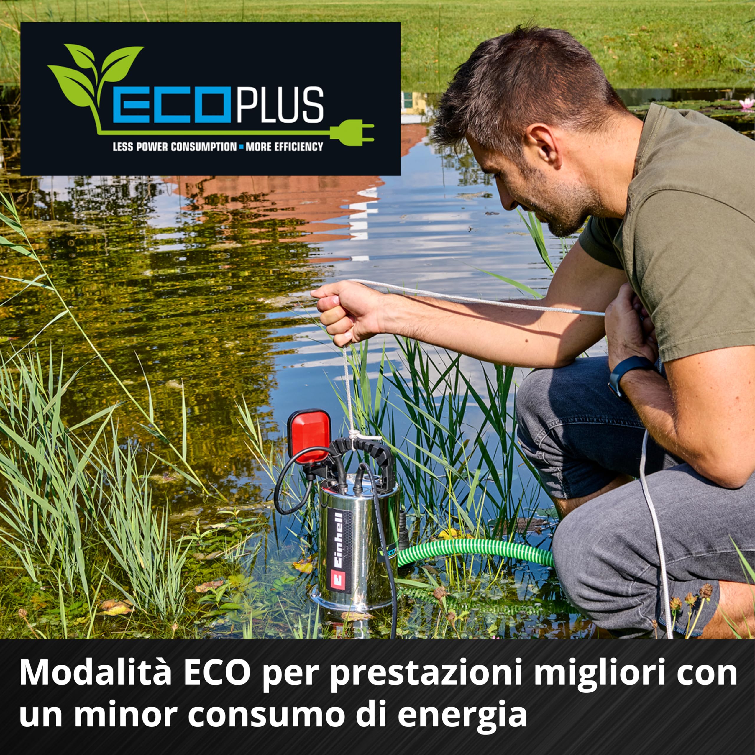 Pompa da giardino Einhell GC-DP 1170 ECO PLUS (700 W, portata max. 19.000 l/h, prevalenza max. 8 m, tecnologia ECO PLUS, coclea di scarico dell'acqua, adattatore universale 35 mm incluso)