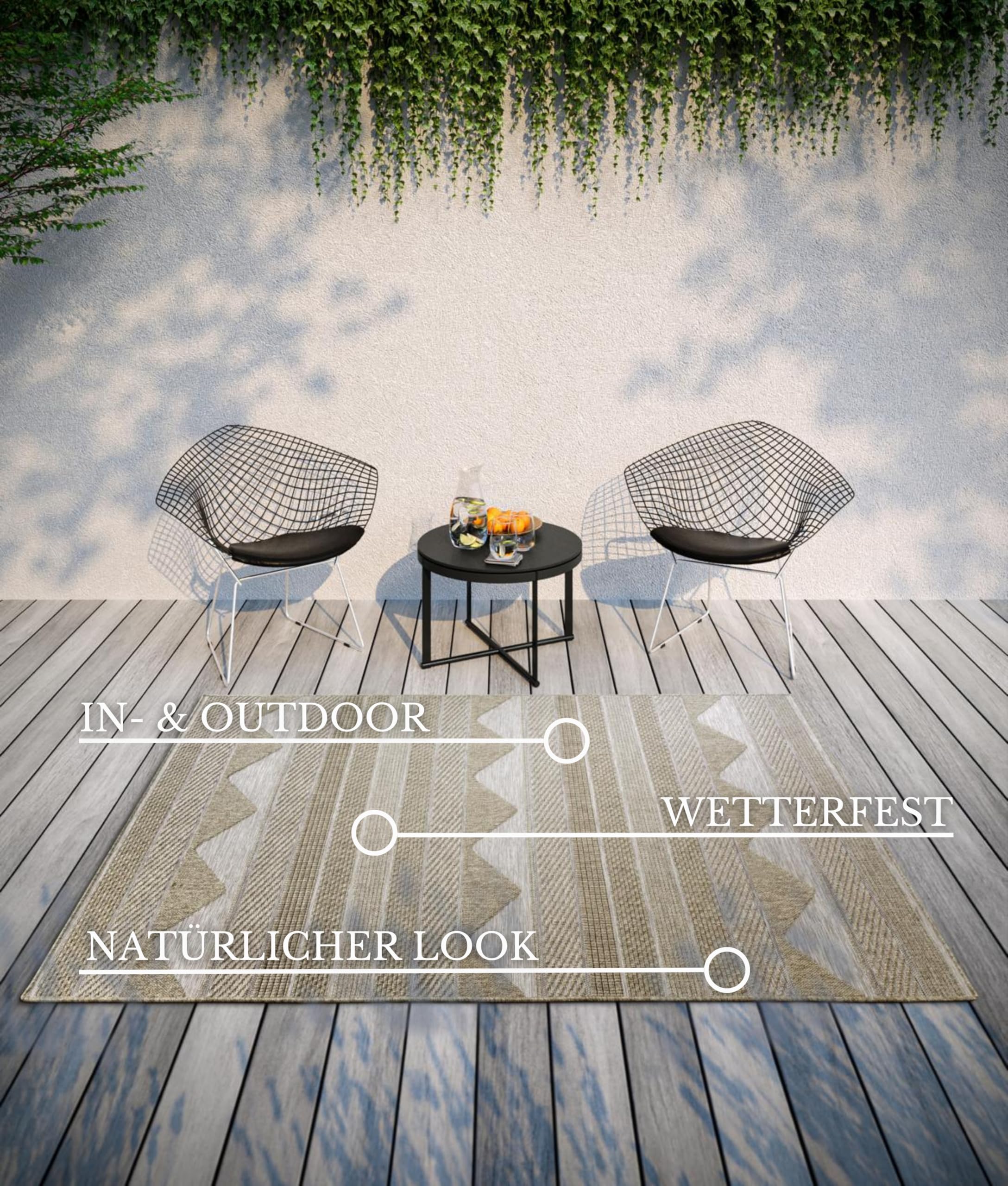 Villeroy & Boch Elisabeth In- & Outdoor Teppich Modern - Modernes Flachgewebe, Boho, Ethno, ÖKO-TEX Wetterfest & UV-beständig für Balkon, Terrasse, Garten – Natur Braun, 155x230cm