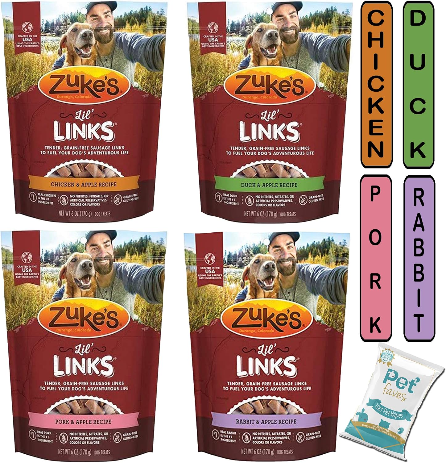 Pet Faves (4 Pack) Zuke Lil' Links Dog Training Treats Variety Pack (6oz Each) - Chicken, Duck, Pork, Rabbit 10ct Pet Wipes