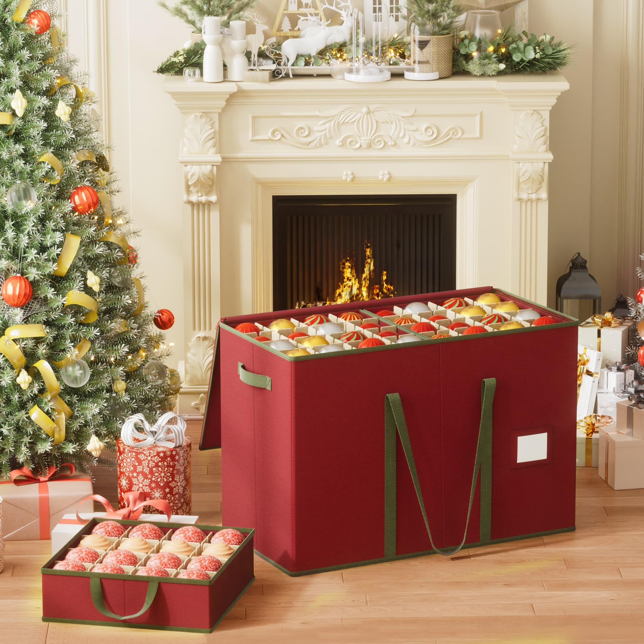 Contenitore per Palline di Natale,160 Scomparti da 10,2 cm, Scatola Impilabile Decorazioni Natalizie con Coperchio, 600D Oxford,64 x 32 x 43,5 cm，Rosso