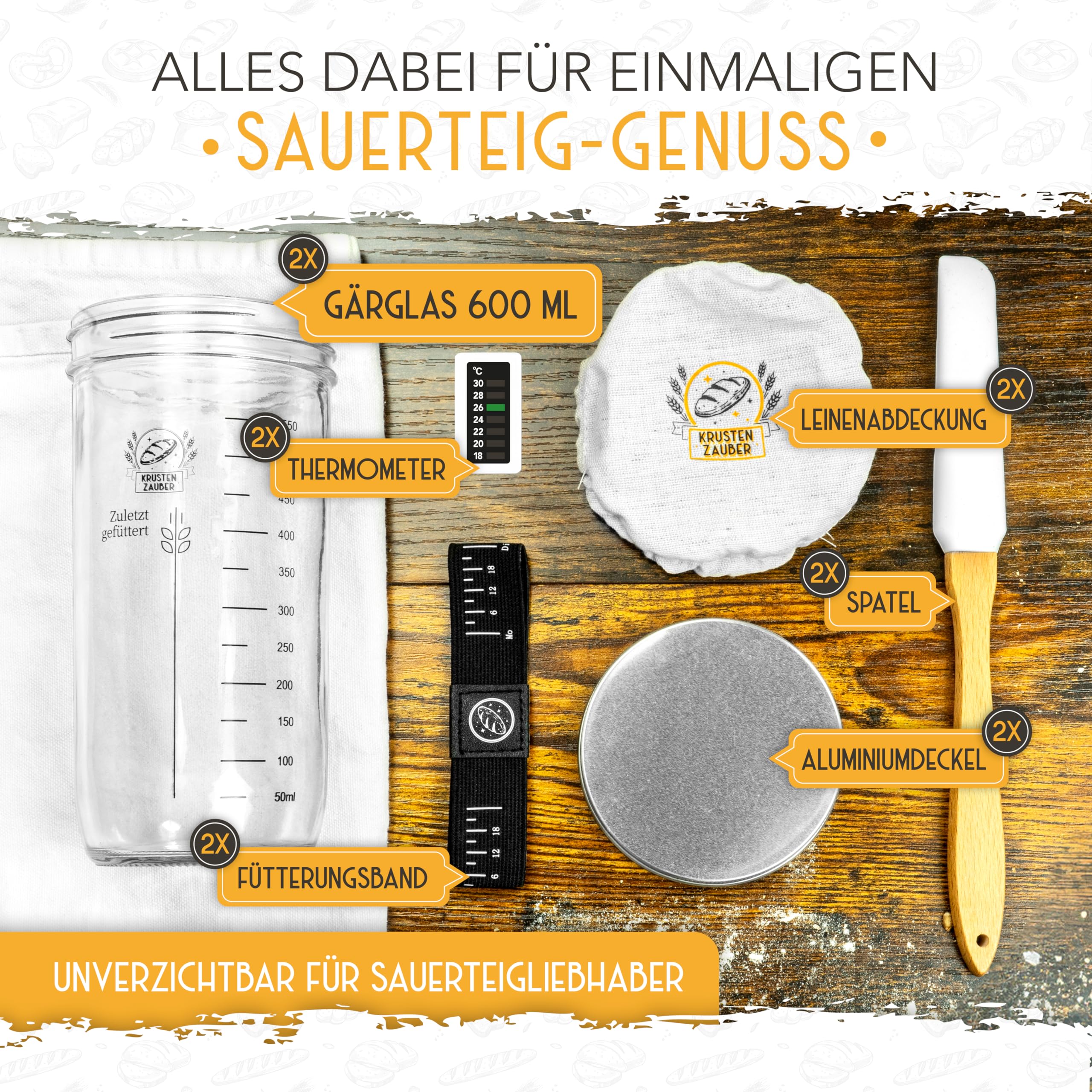 KRUSTENZAUBER Sauerteig Starter Set 2x 600ml Gärglas mit Spatel Thermometer Brot Backen Zubehör