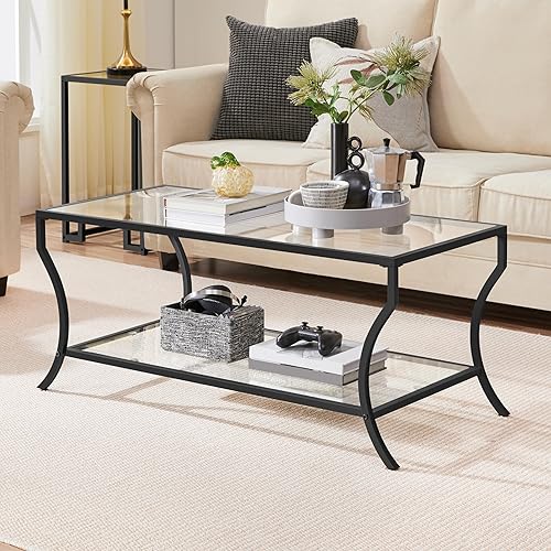 Miniatura 2 de Yaheetech Mesa de centro de cristal, mesa de centro negra de 2 niveles con estante de almacenamiento, mesa central rectangular moderna con tapa de