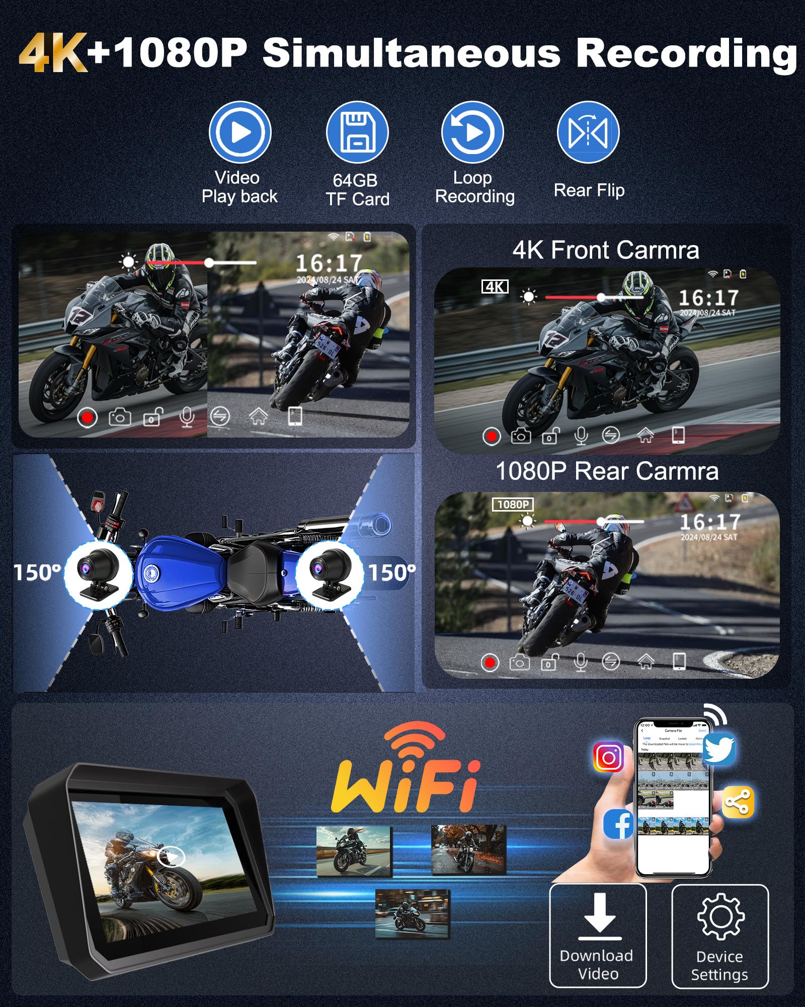 Navigatore Moto 4K Carplay Android Auto 6,25 Pollici Dashcam GPS Bluetooth 64GB