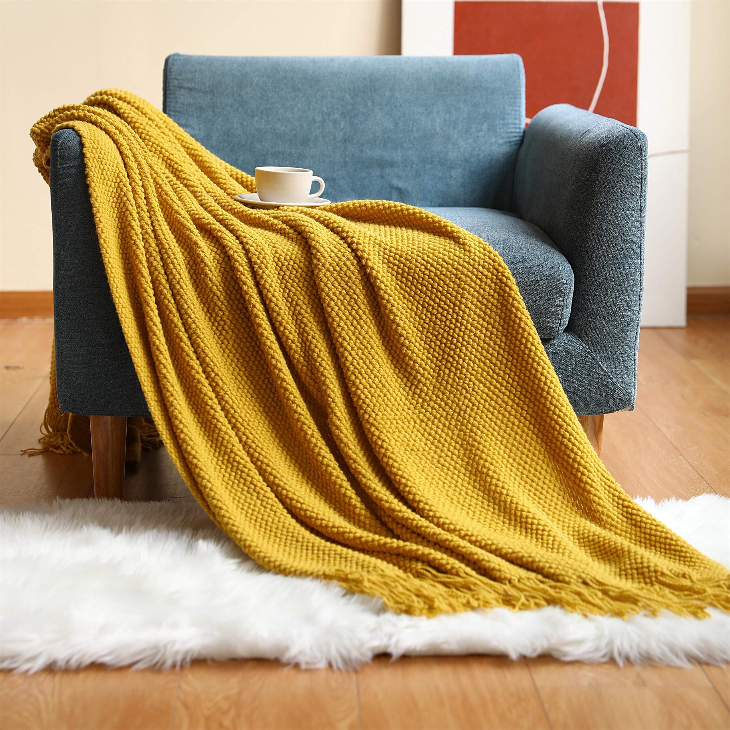 OliveSleep Knitted Throw Blanket Soft Cozy for Couch Chair Sofa Bed Cover, Decorative Blanket, (Yellow, 130 x 200)