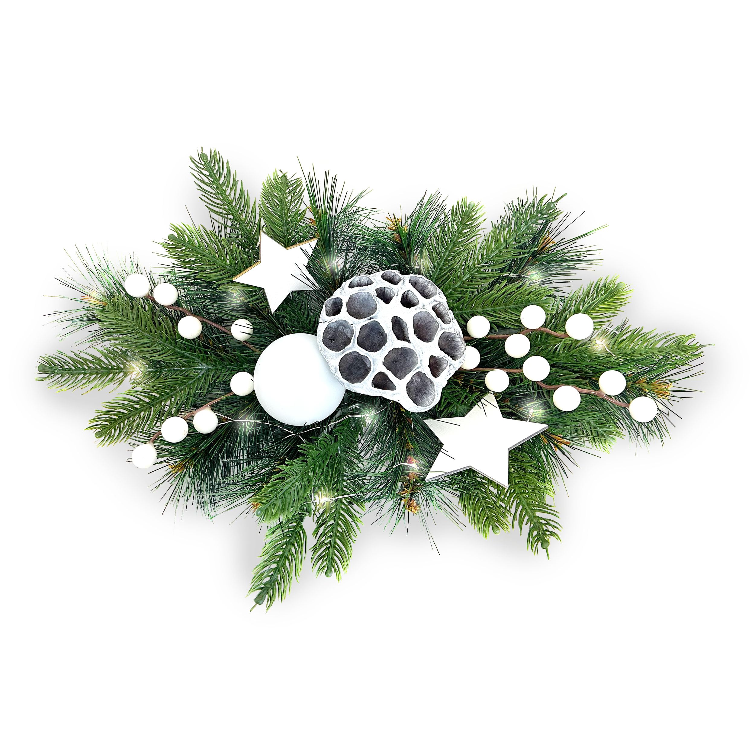 Gartenpirat Adventsgesteck 26x42cm mit 20 LED warmweiß und weißen Dekorationen Weihnachtsdeko für Tisch Fenster Festliche Weihnachtsdekoration für Advent & Winter
