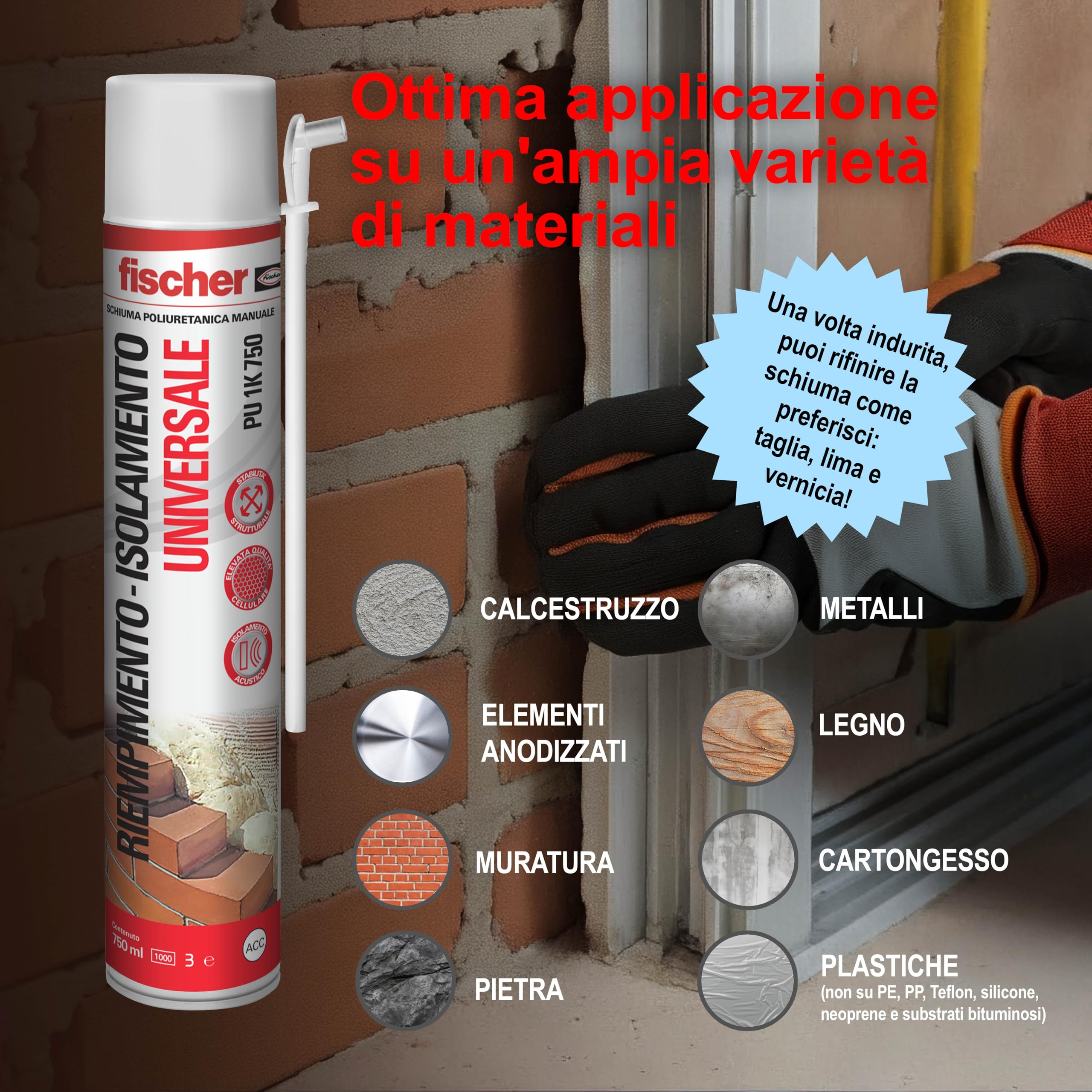 Fischer Bi-Pack Schiuma Poliuretanica Universale Espansa PU 1K in Imballo Protettivo con Erogatore, 2x 750 ml