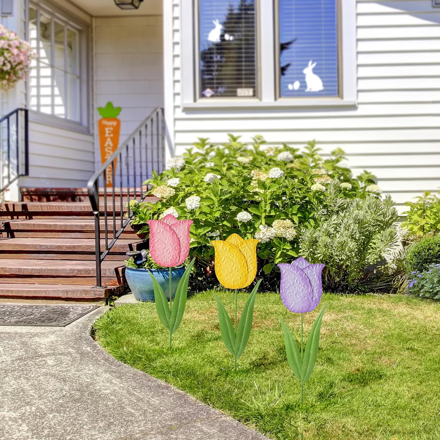 Glitzhome Set of 3 Easter Tulips Yard Signs with Stakes, 24 Inch Metal Waterproof Easter Decorative Garden Stakes for Easter Garden Outdoor Lawn Yard Party Decoration