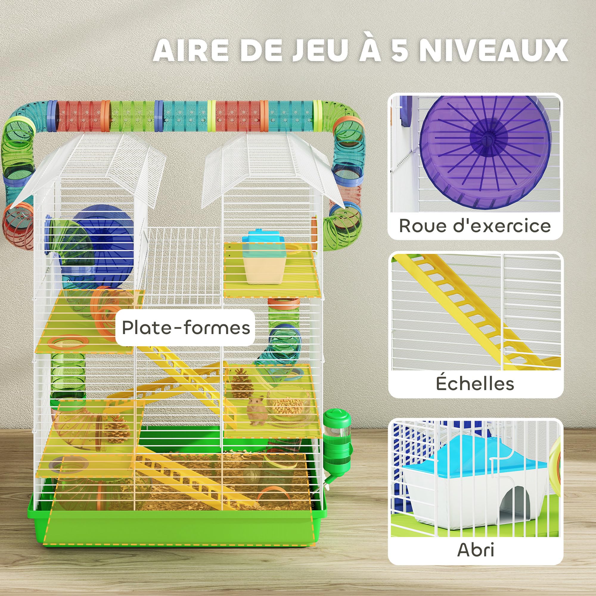 PawHut Cage pour Hamster Souris Petit Animaux Rongeur avec Tunnel Mangeoire Roue Jouet 47 x 30 x 59 cm Vert