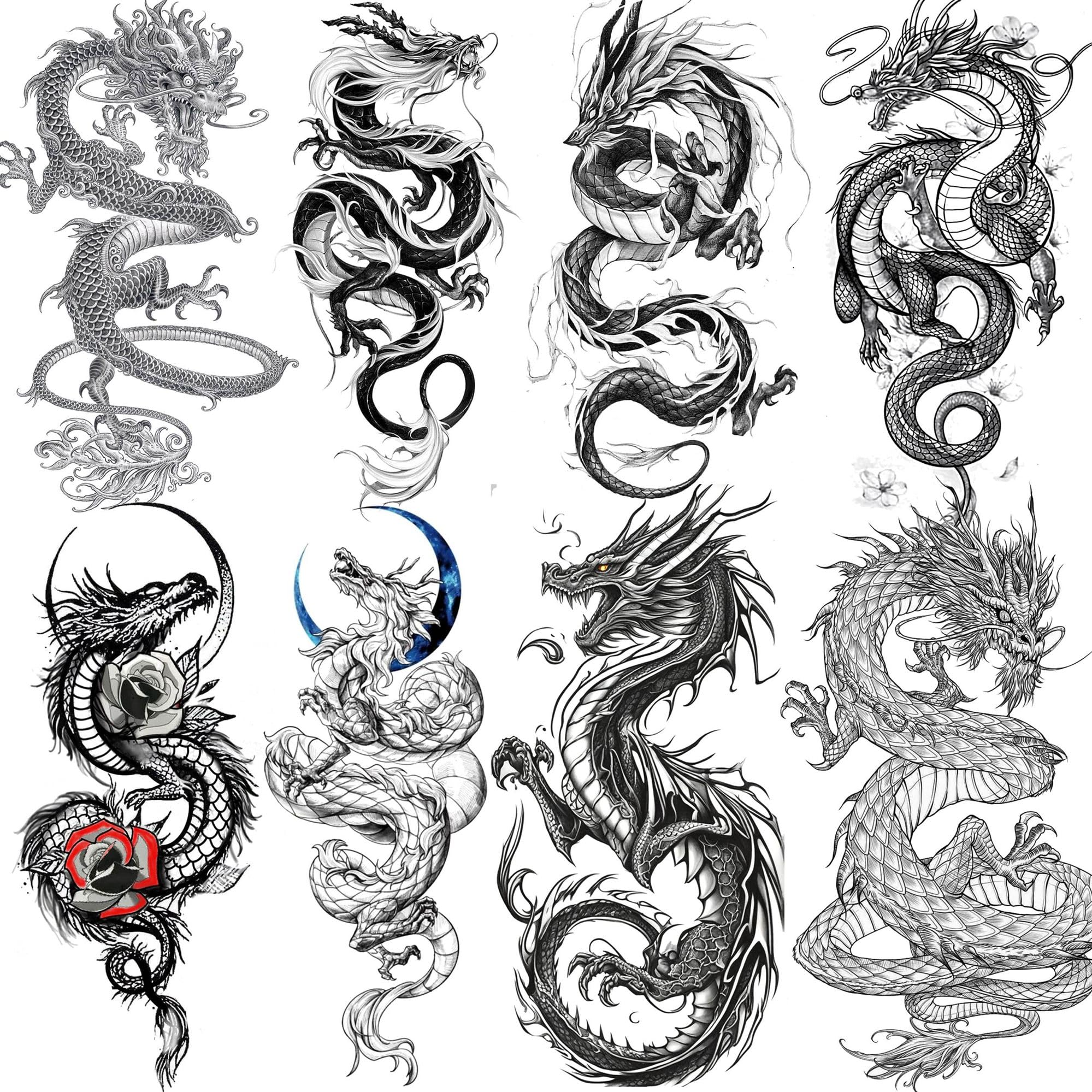 8 Sheets Dragon Temporary Tattoos for Men Women Adults Black Realistic Dragon Tattoo Sticker Half Arm Sleeve
