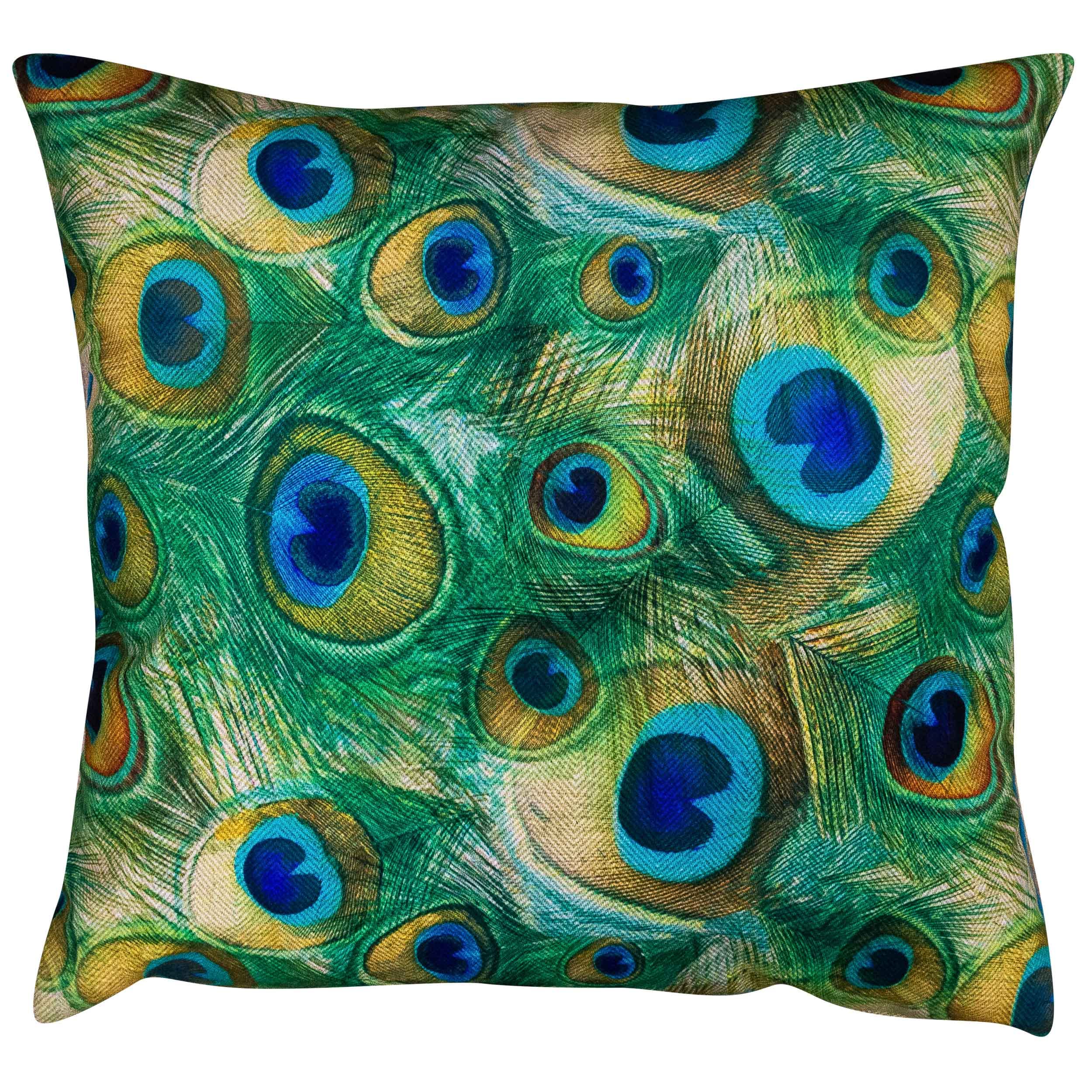 Linen Loft Green Velvet Peacock Feather Cushion Cover. Bright Modern Blue & Peacock Feathers. Backed With A Soft Teal Velvet. 17X17 Square Cushion Cover Only