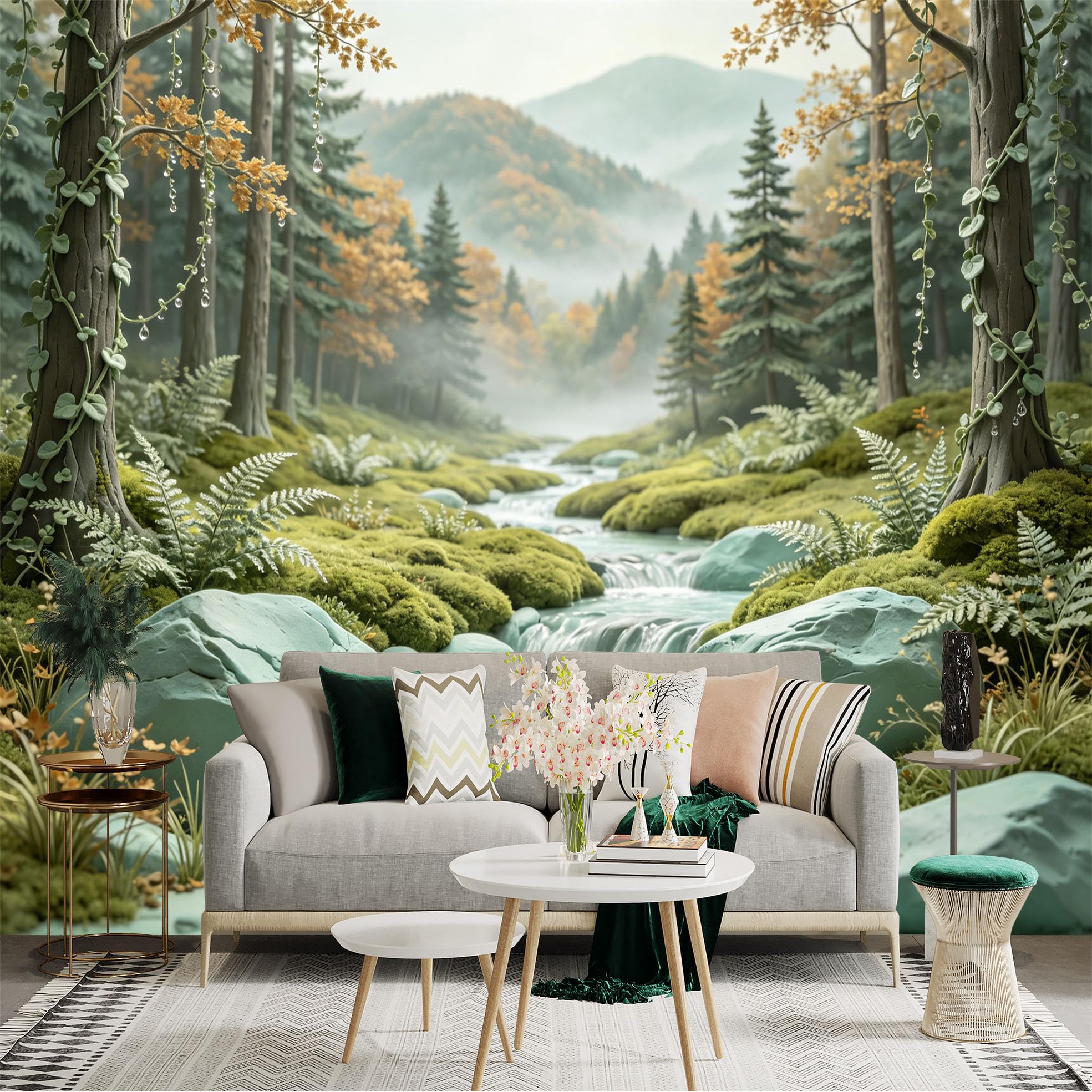 Custom Size Wall Sticker Mural， Serene Forest Stream with Moss Rocks and Misty Mountains， for wall Decoration， peelandstick wall Decals.
