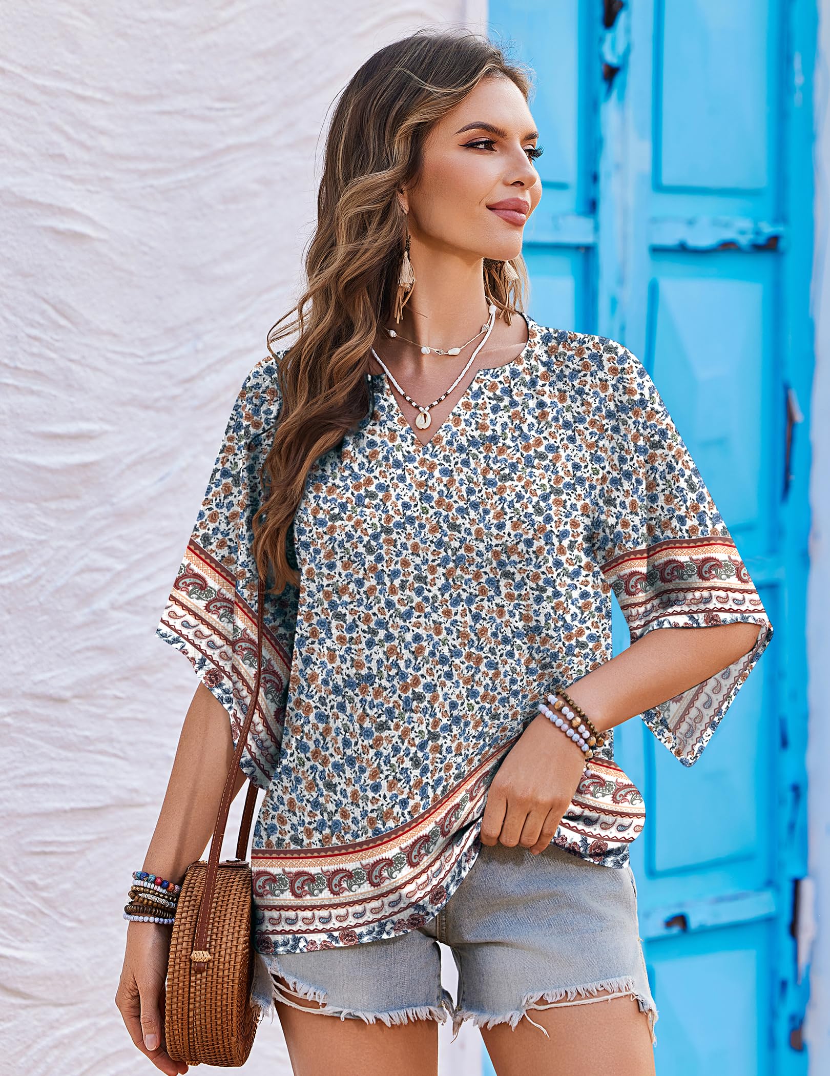 Zeagoo Camicia da donna ampia con scollo a V, stile bohémien