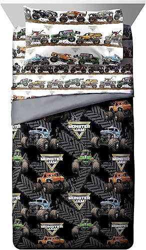 Miniatura 2 de Jay franco Juego de ropa de cama individual de 4 piezas de Monster Jam Tracks incluye edredón y sábanas con Grave Digger y Megalodon de microfibra