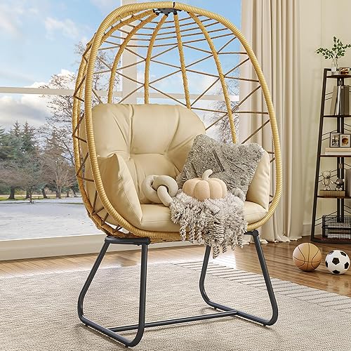 Miniatura 8 de YITAHOME Silla de huevos de mimbre para exteriores e interiores, tumbona grande de gran tamaño con soporte para pies niveladores, cesta de huevos,
