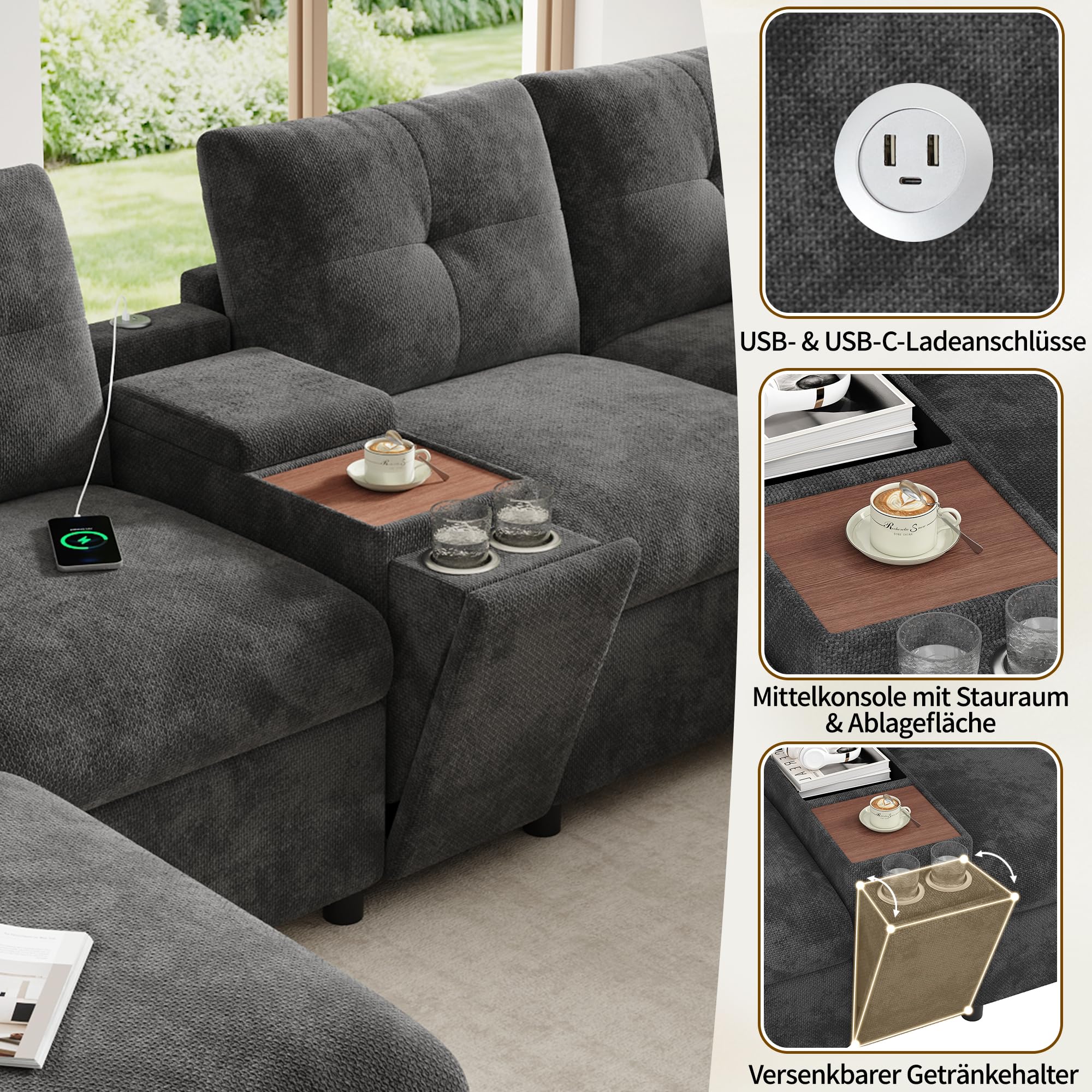 Modulare Ecksofa Wohnlandschaft 6-Sitzer U-/L-Form,Chenille,Grey