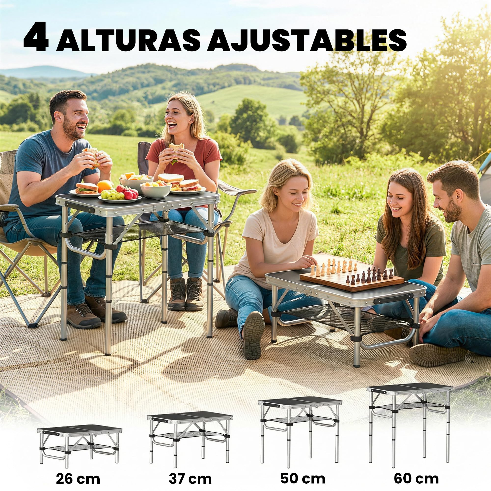 Outsunny Mesa Plegable Camping 60x40x60 cm Portátil Ajustable Negro