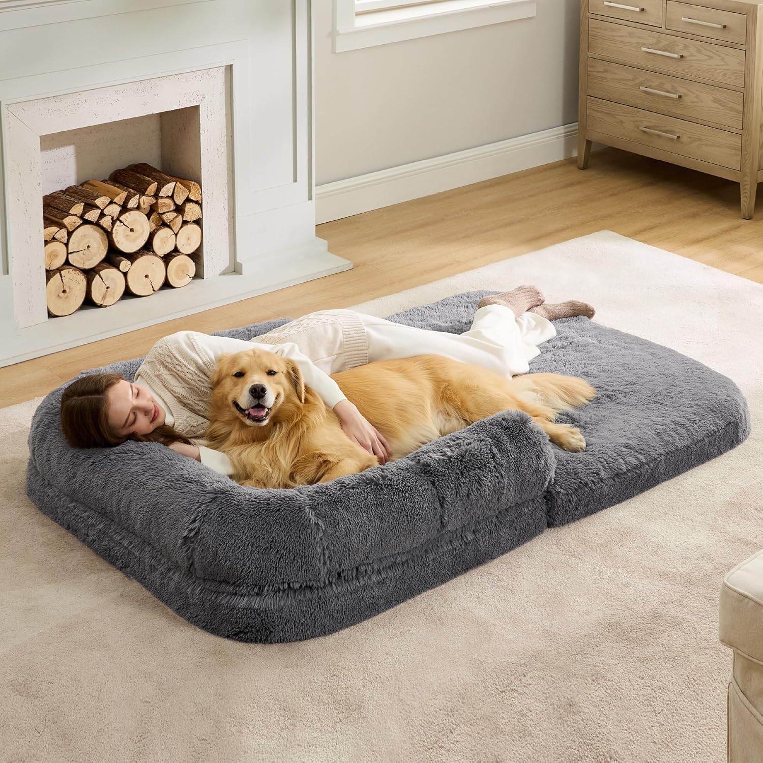Bedsure Foldable Human Dog Bed - 2 in 1 Flexible Giant Human Dog Bed for Adult People with Supportive Bolster Egg Foam, Waterproof Liner, Calming Fluffy Faux Fur Orthopedic Big Bean Bed, Dark Grey 71.0"L x 41.0"W x 10.0"Th Dark Grey