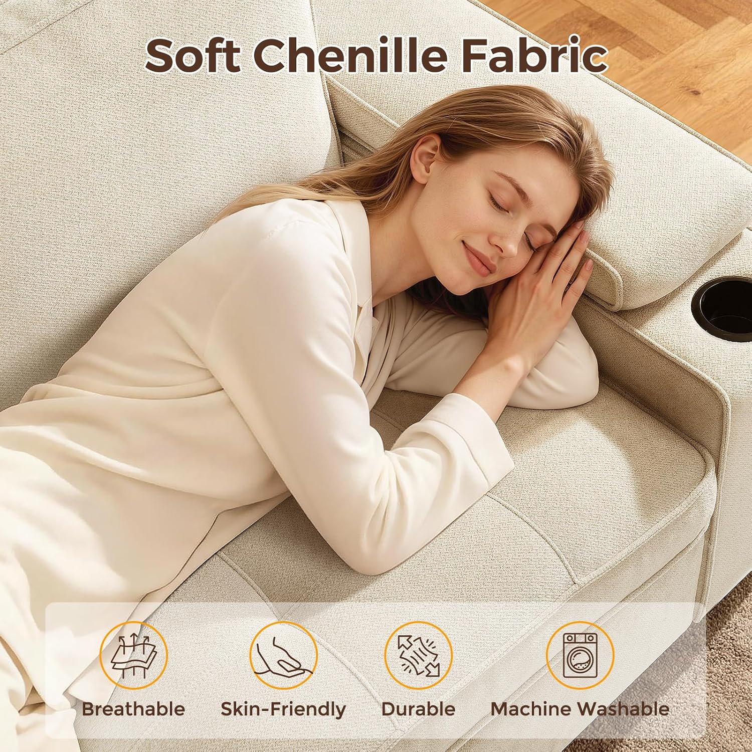 84" Loveseat Sofa for Living Room with USB & Type-C Ports, Modern Chenille Love Seat Couch, Adjustable Storage Armrest, Cup Holders, Solid Wood Frame Deep Seat for Small Spaces (Beige, 84in)
