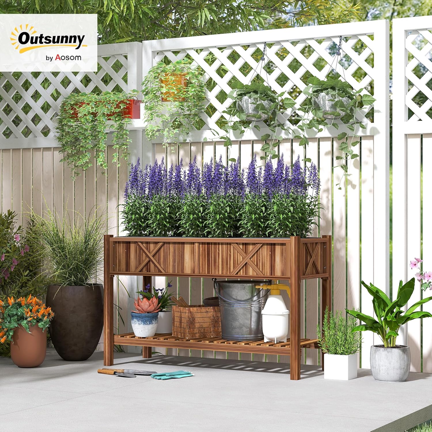 Outsunny Raised Garden Bed, Elevated Wood Planter Box with Storage Shelf, Drainage Holes, and Liner for Backyard, Patio, Balcony, 47 x 22 x 31.5 in, Carbonized