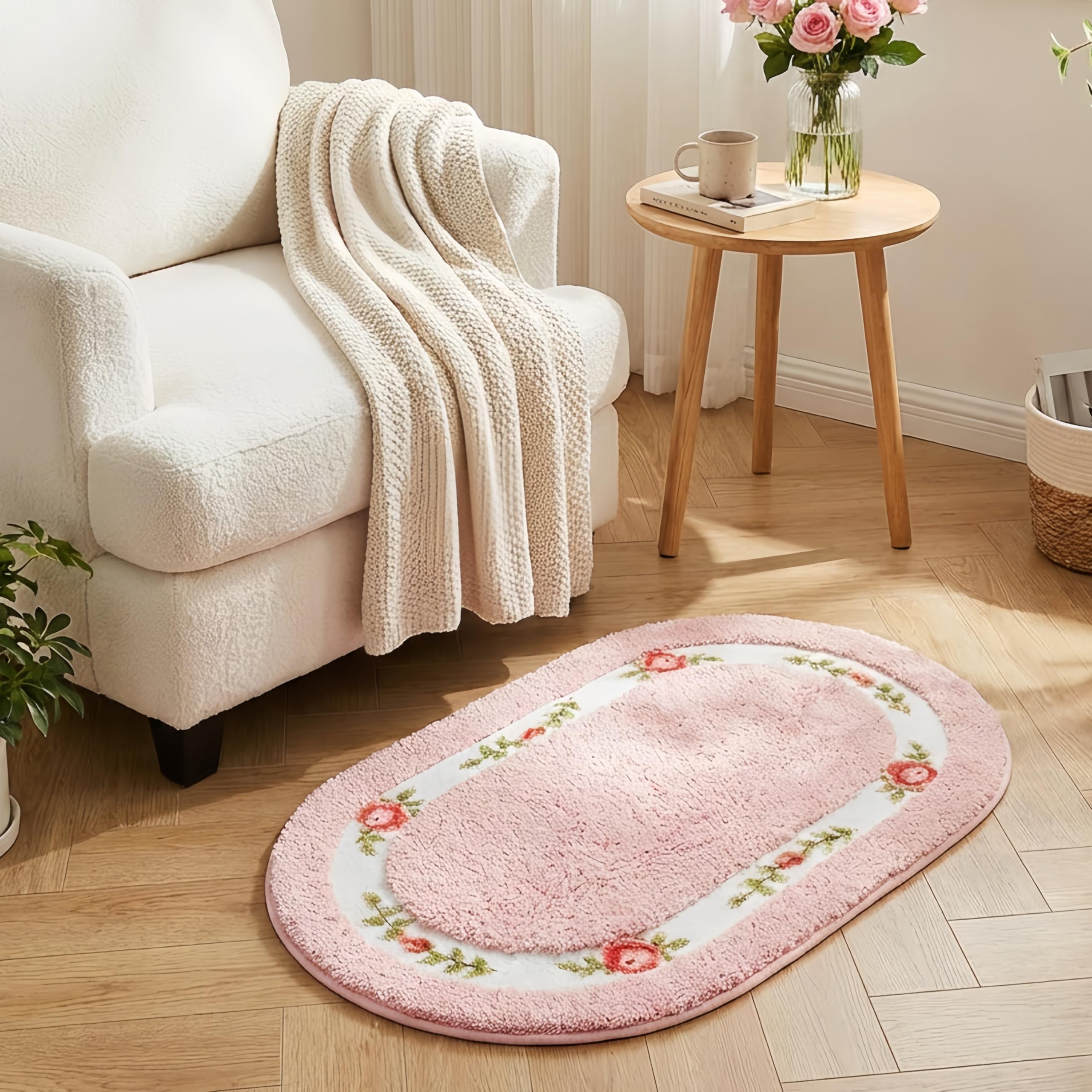 QMEAKMONY Bathroom Rugs Romantic Rose Flower Shaggy Area Rugs for Living Room Bedroom Kitchen Non Slip Absorbent Bath Mat Door Mat Washable(Pink,20x32