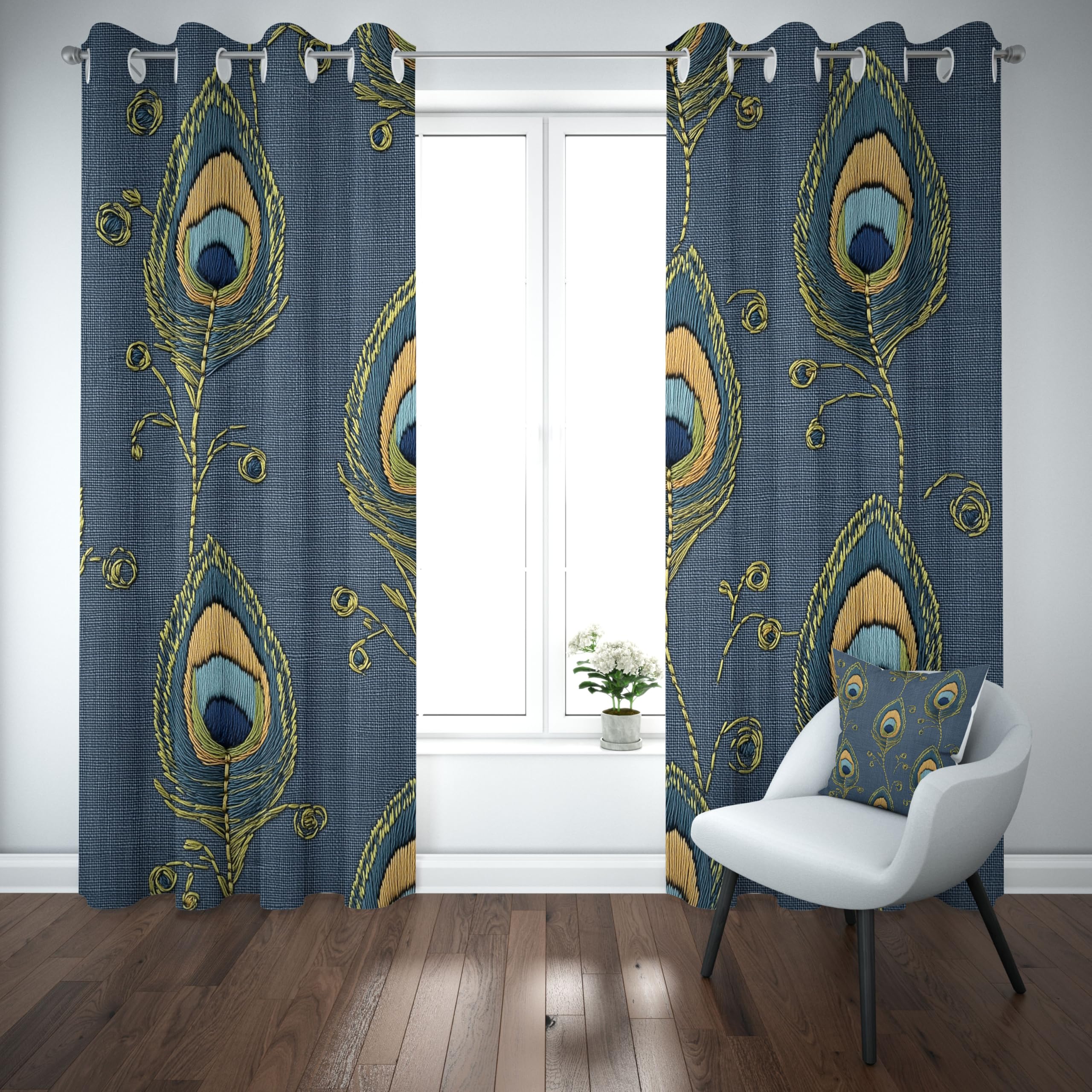 Simulation Stickerei Thermovorhang 225x140 cm, Pfau Feder Gardinen 2er Set mit Ösen, Luxus Elegant Art Verdunklungsvorhänge Schlafzimmer Blickdicht Curtains Wohnzimmer Fensterdekoration