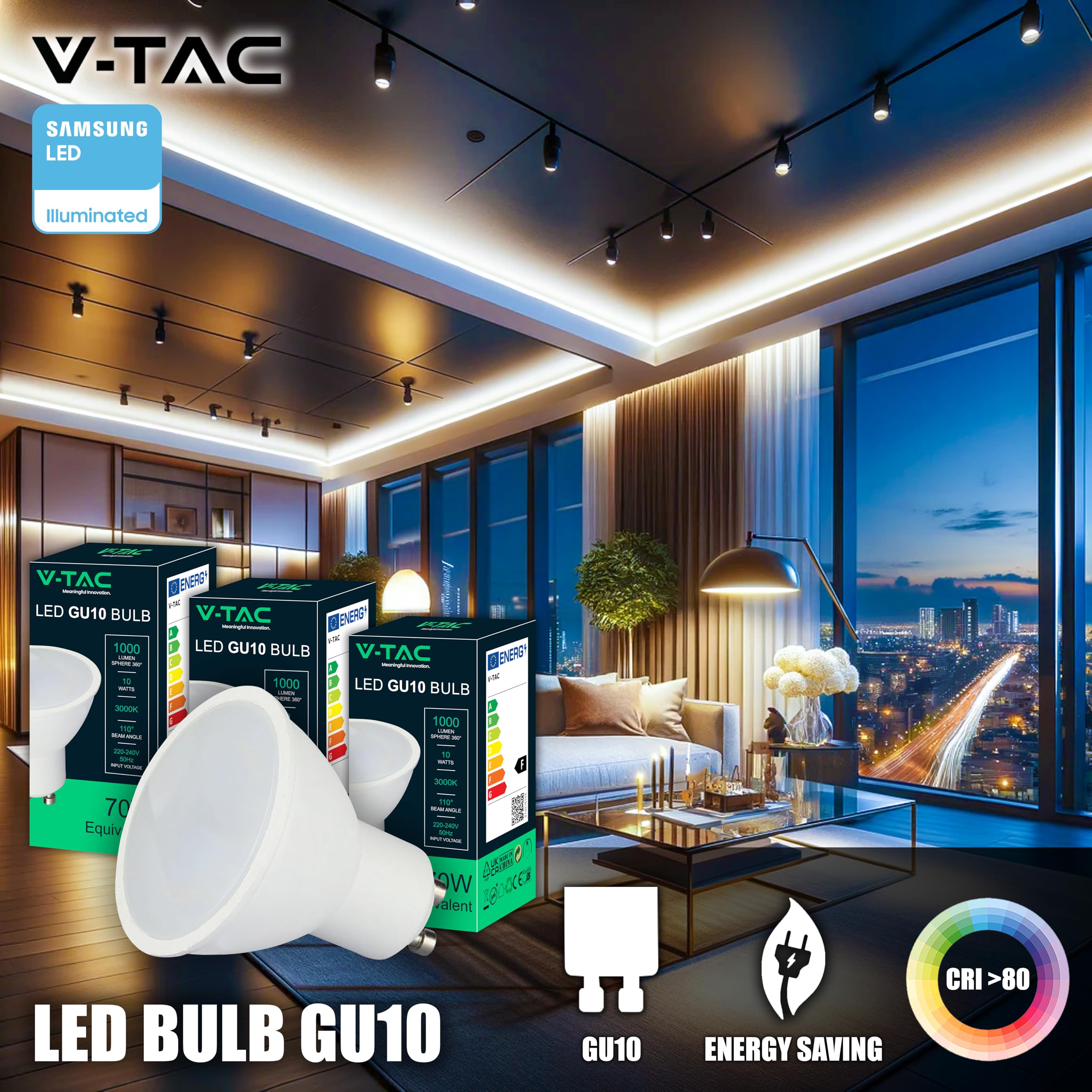 V-TAC 3 żarówki LED GU10-10W o wysokiej jasności (odpowiednik 70W) - 1000 lumenów - GU10 reflektor LED zapewniający maksymalną wydajność i oszczędność energii - ciepła biel 3000 K