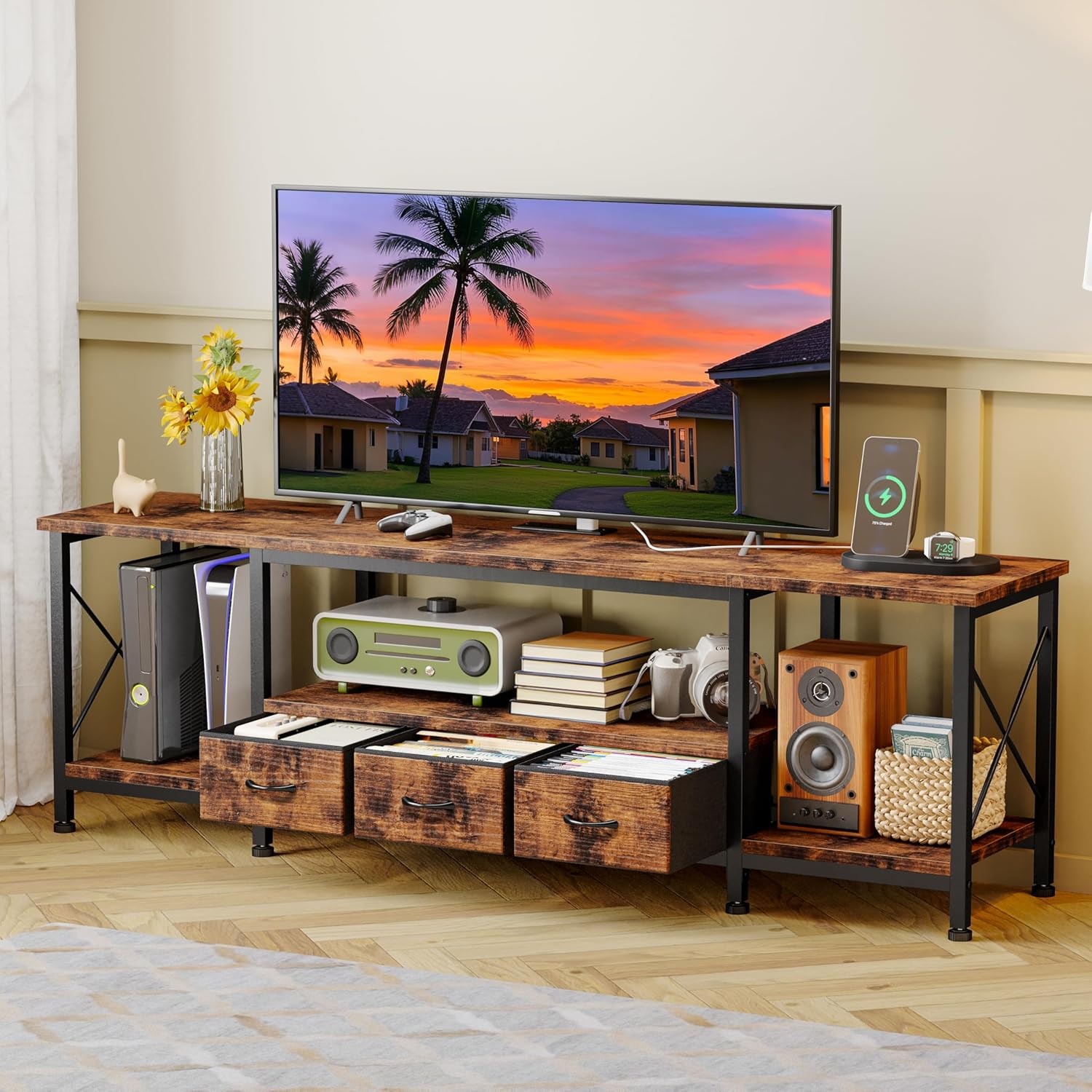 YGEOMER TV Stand for 75 Inch TV Entertainment Center with Power Outlets TV Console Table deepen with Fabric Drawers Metal Frame Storage Shelves and for Living Room, Bedroom 63" Rustic Brown