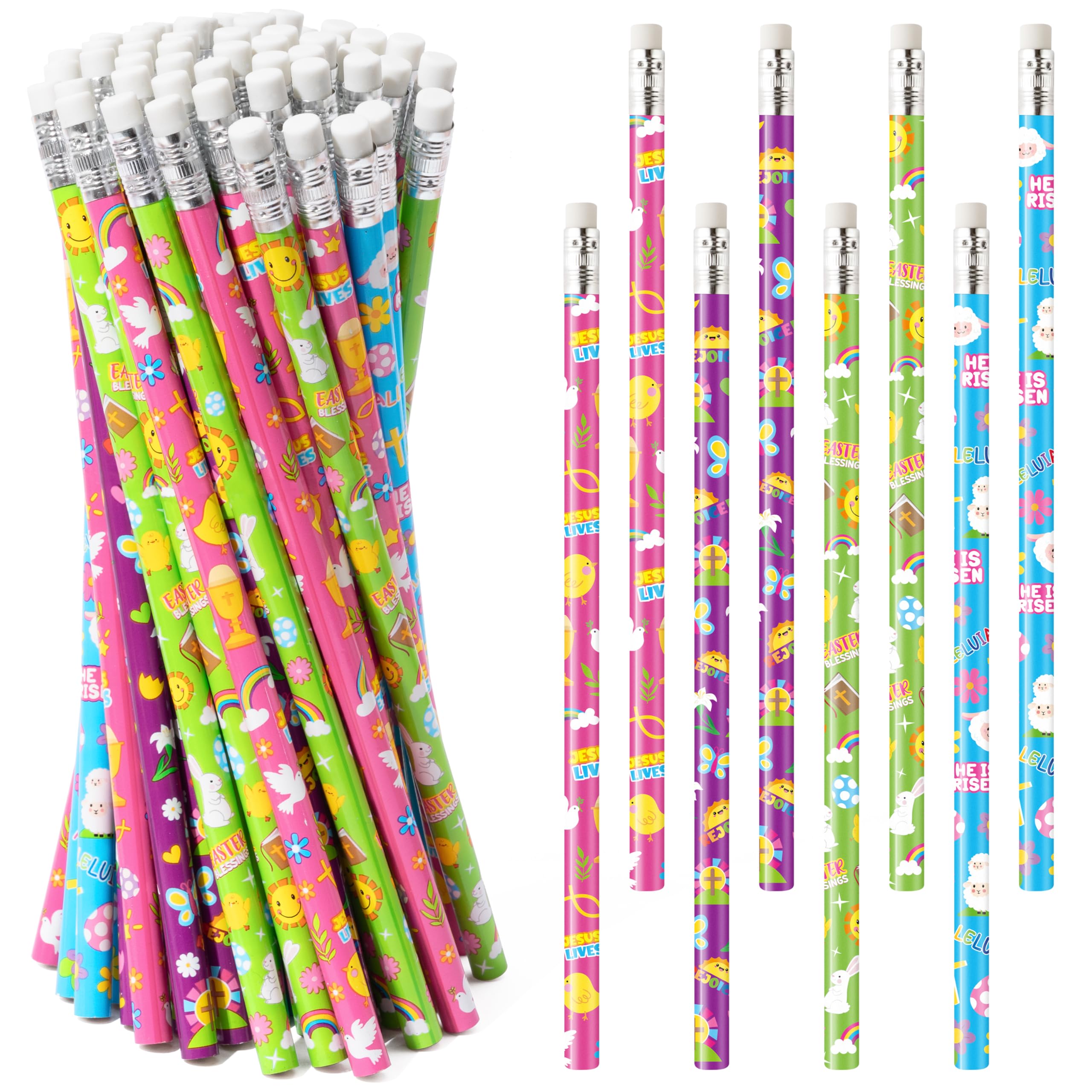 Xqumoi 60Pcs Easter Religious Pencils with Eraser - He is Risen Christian #2 HB Pencils, Sunday School Classroom Student Rewards Office Supply Holiday Gift Goodie Bag Fillers Stuffers Party Favors