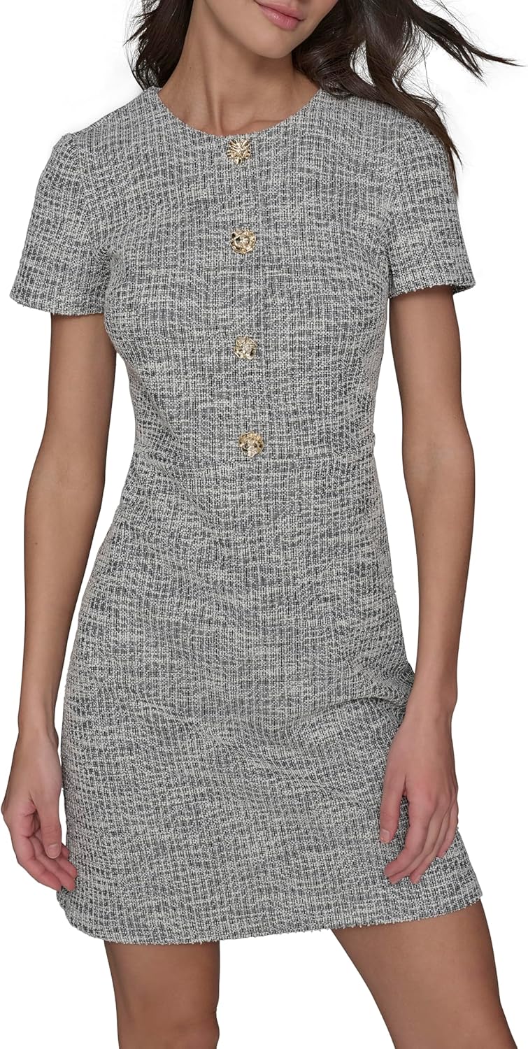 Karl Lagerfeld Womens Short Sleeve Gold Button Up Knit Sheath Mini Dress