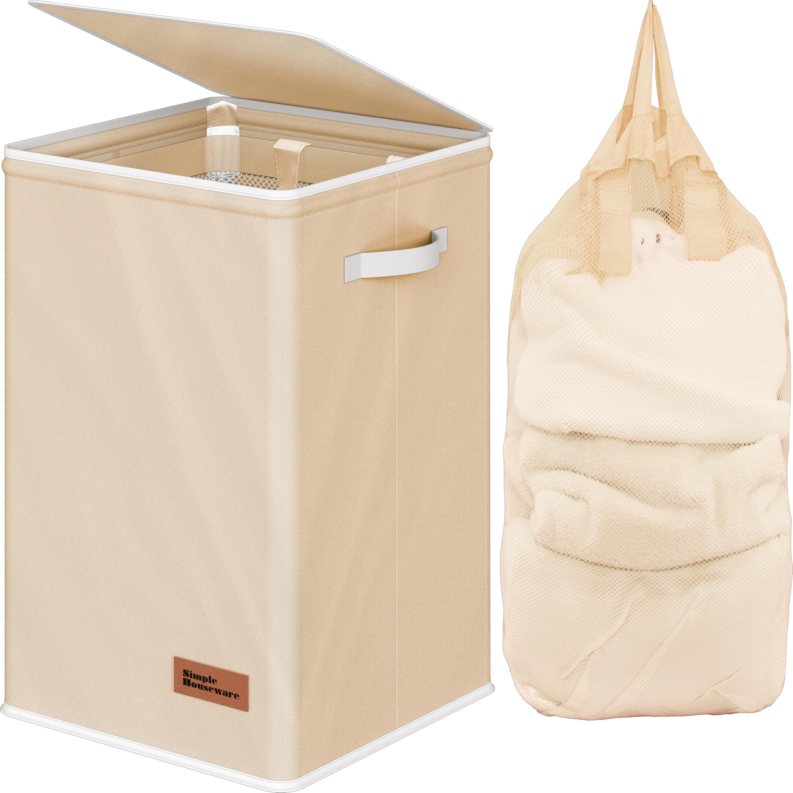 Simple Houseware Foldable Laundry Hamper Basket with Lid, Beige