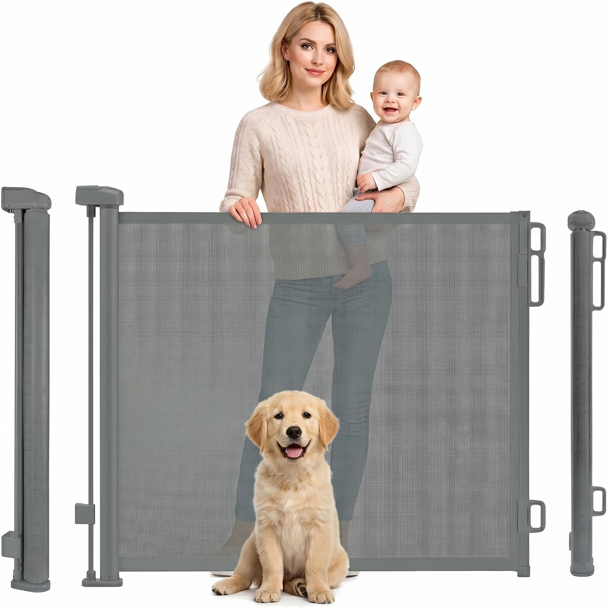 Rainberg Retractable Stair Gate for Baby & Pet with Secure 2-Step Lock 150cm Wide & 80cm Tall, One Hand Operated Baby Gate, Child Safety Gate for Doorways Stairs, Hallways, Kitchen (Grey)