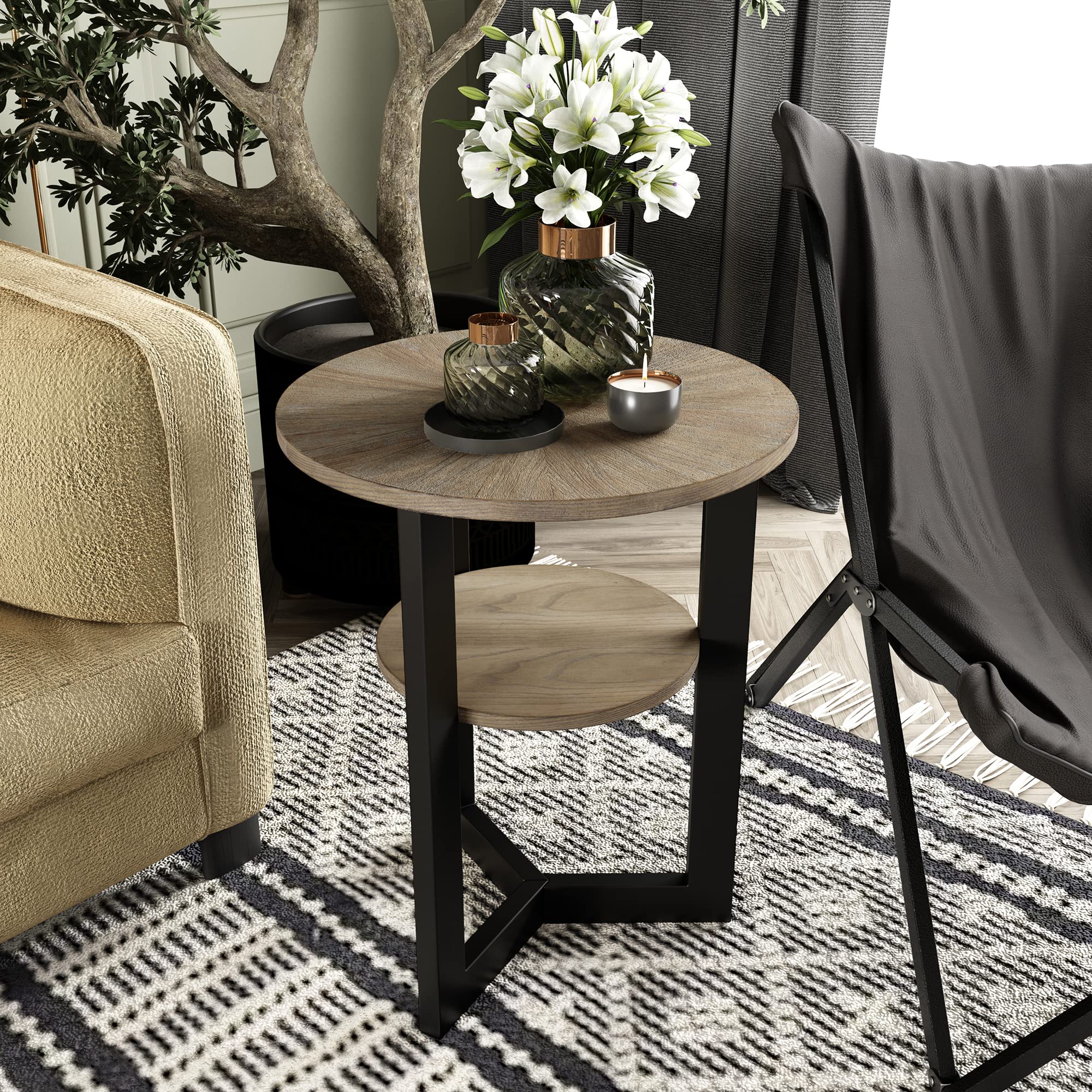 Table D'appoint Ronde Noire Avec Pieds En Bois Massif - Dimensions 30x30x57 Cm, Idéale Pour Petit Espace