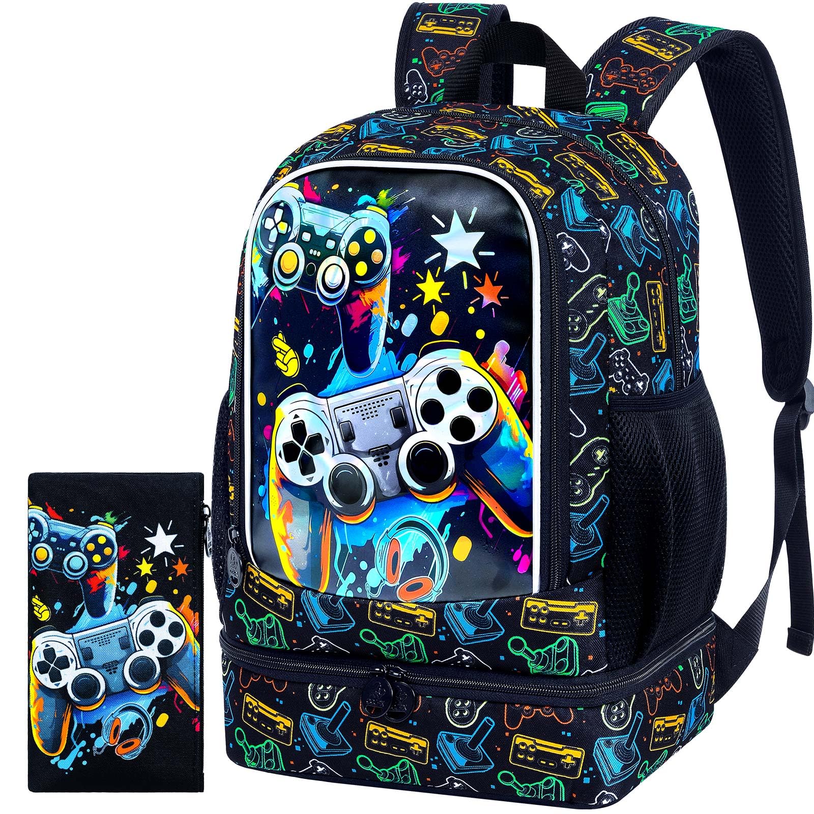 KLFVB 3PCS Cat Uni Dinosaur Backpack for Girls and Boys, 16" Kids Bookbag and Lunch Box, Preschool Backpacks for Elementary