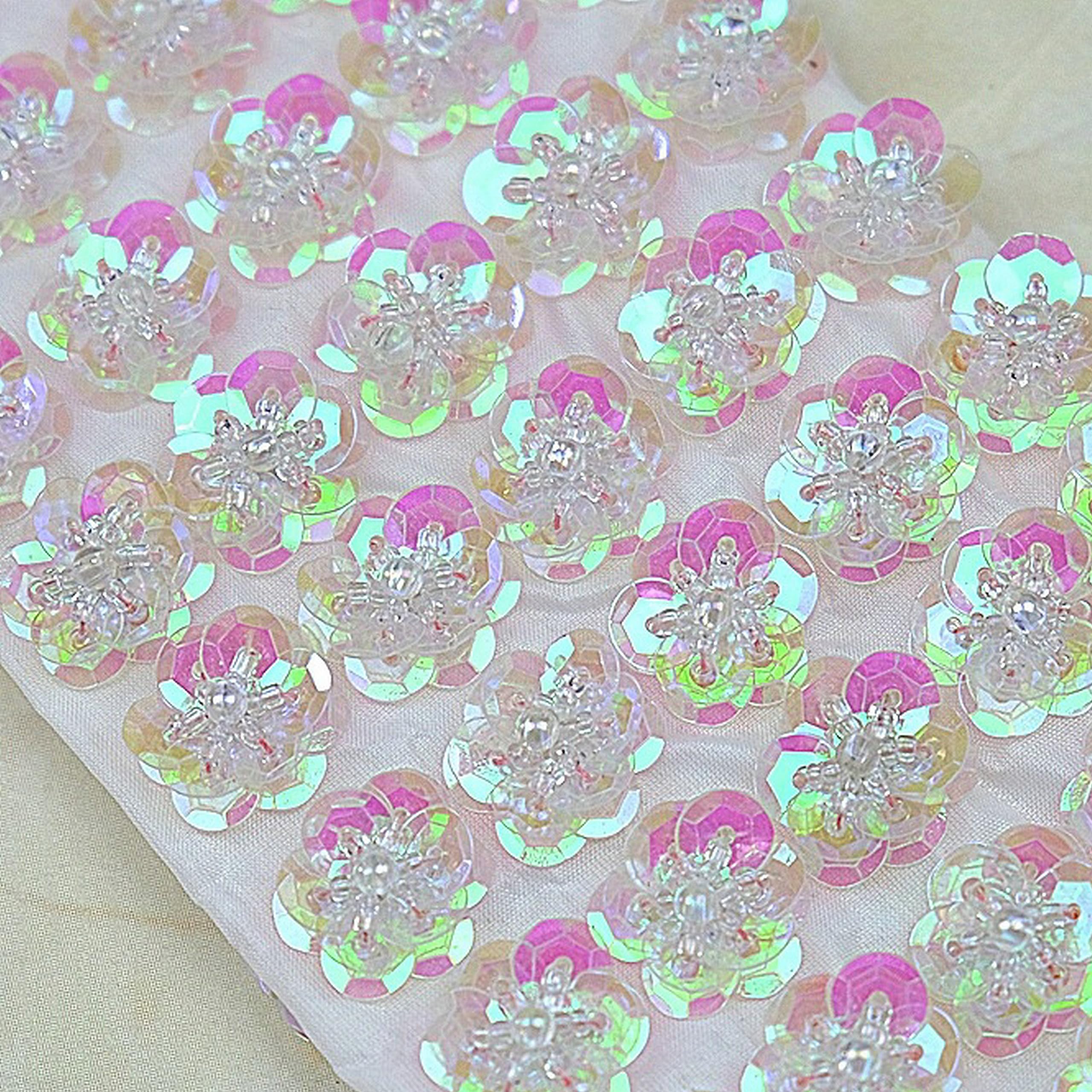 0.78"/2cm 3D Sequin Bead Flowers Patches Handmade Embroidery Sewing Beads Applique for Hair Clip Bags Brooch Wedding Dress Shoes Garment DIY Craft 50 Pcs/Set (Transparent)